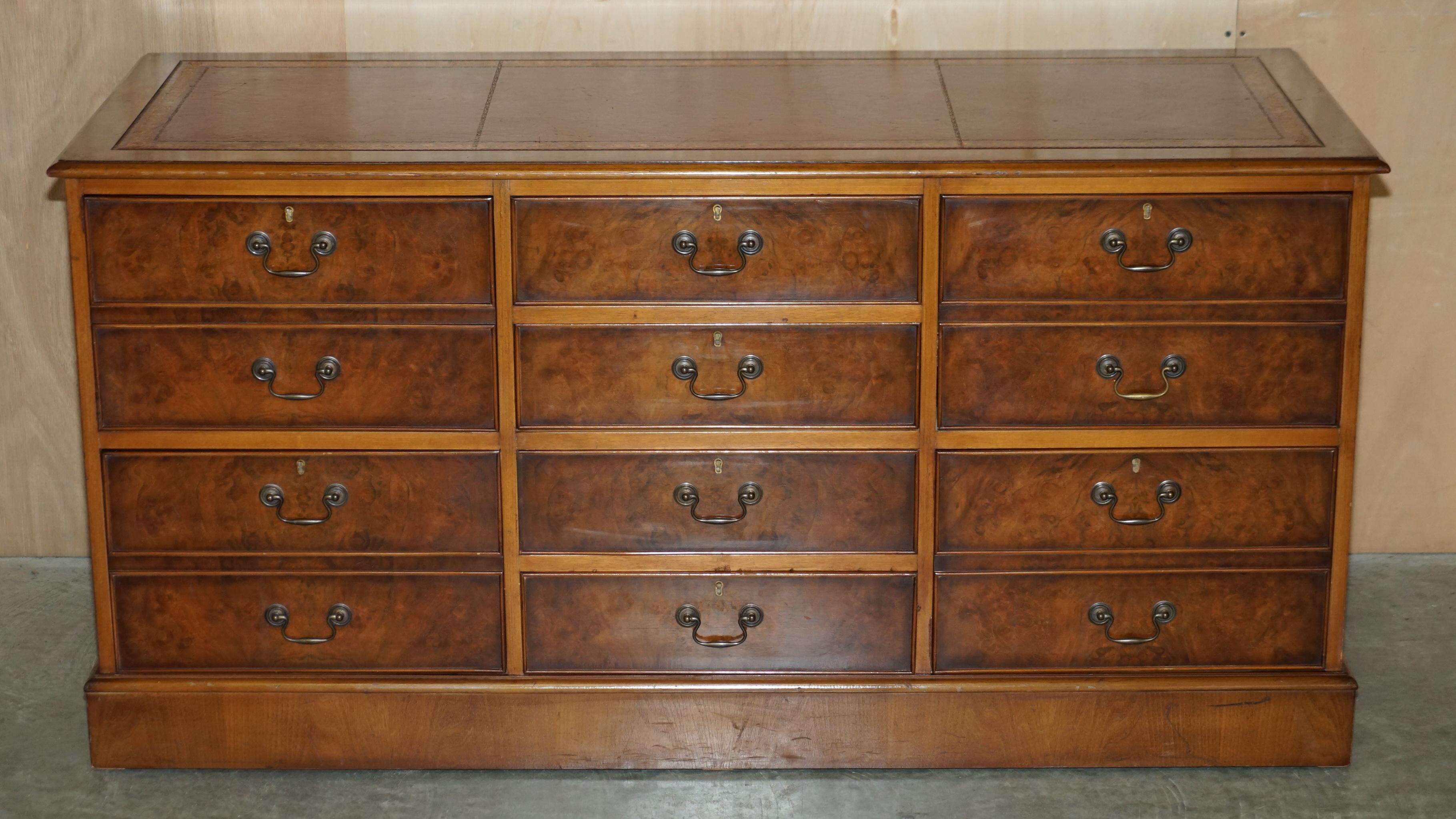 Art Deco Burr Walnut Oxblood Leather Triple Filing Cabinet Chest of Drawers Sideboard For Sale