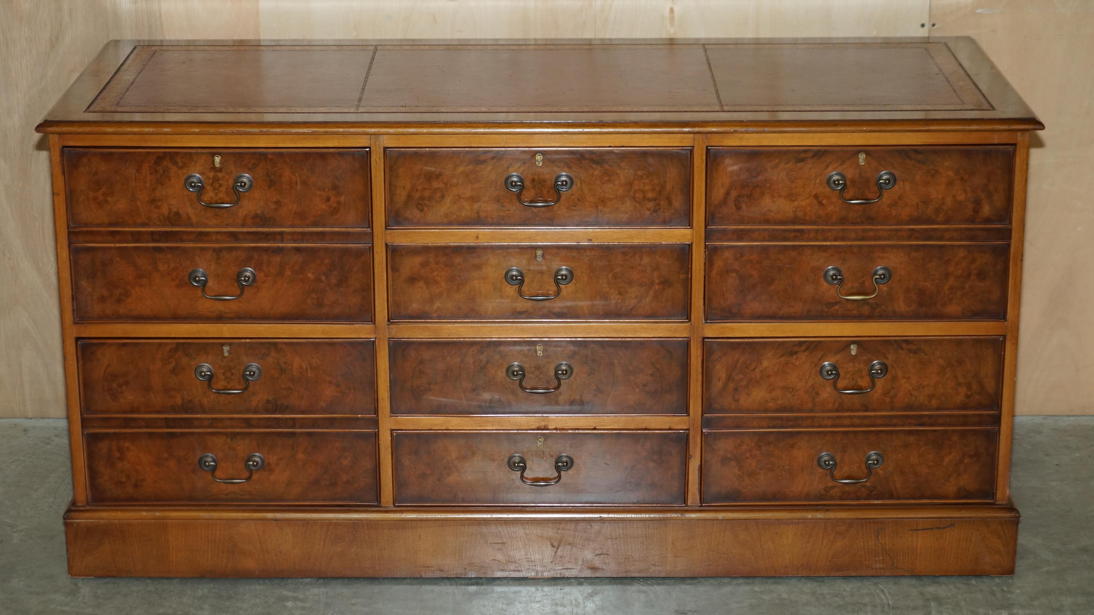 Art Deco Burr Walnut Oxblood Leather Triple Filing Cabinet Chest of Drawers Sideboard