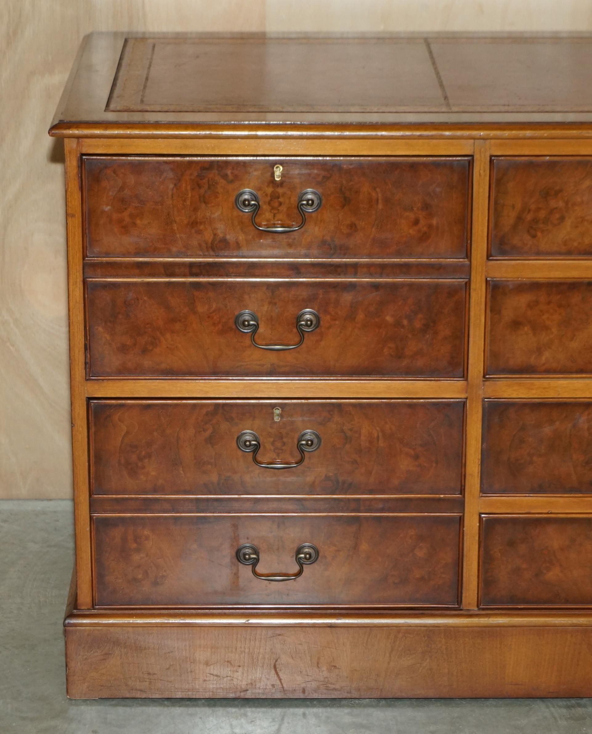 English Burr Walnut Oxblood Leather Triple Filing Cabinet Chest of Drawers Sideboard For Sale