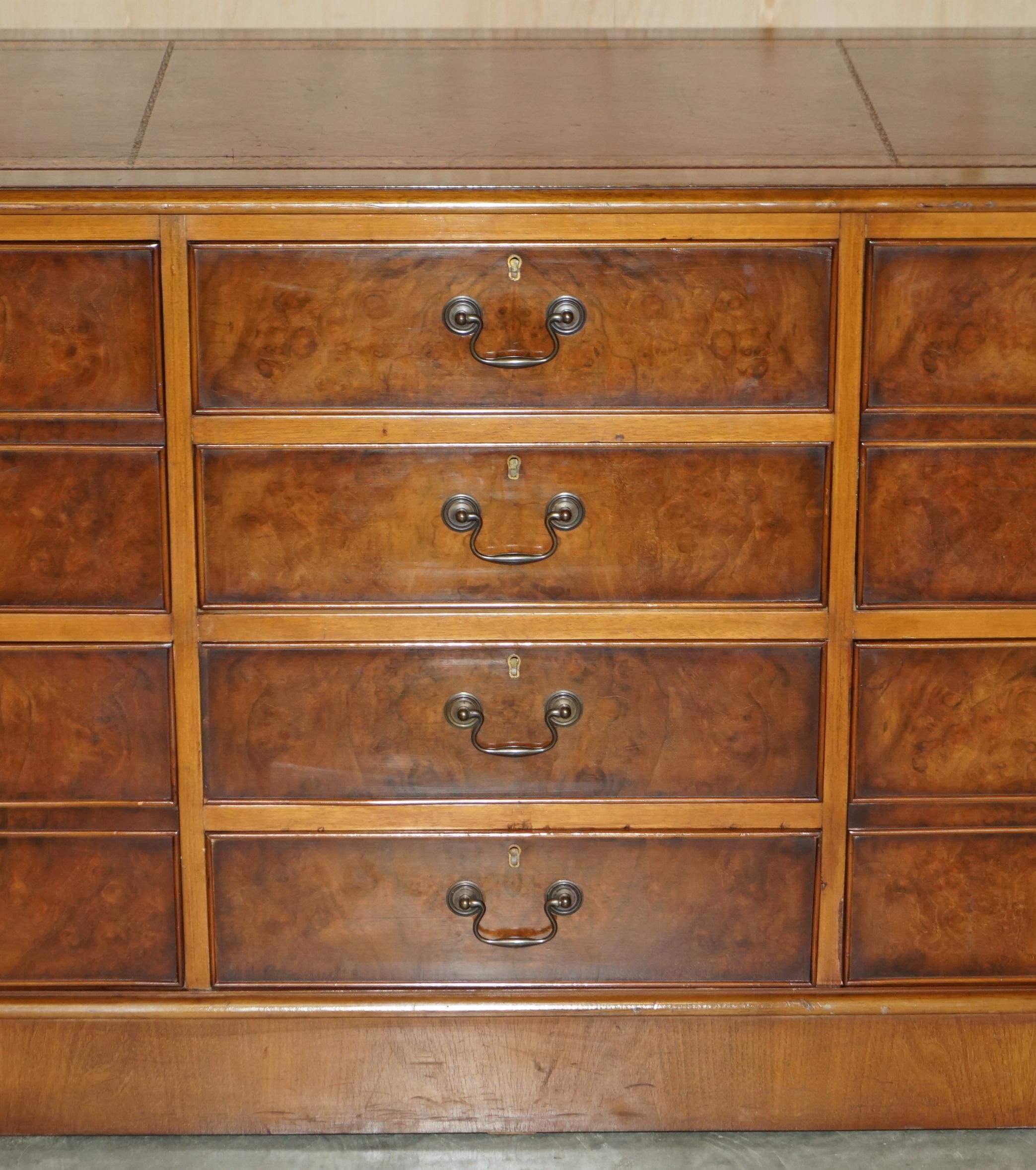 Hand-Crafted Burr Walnut Oxblood Leather Triple Filing Cabinet Chest of Drawers Sideboard For Sale