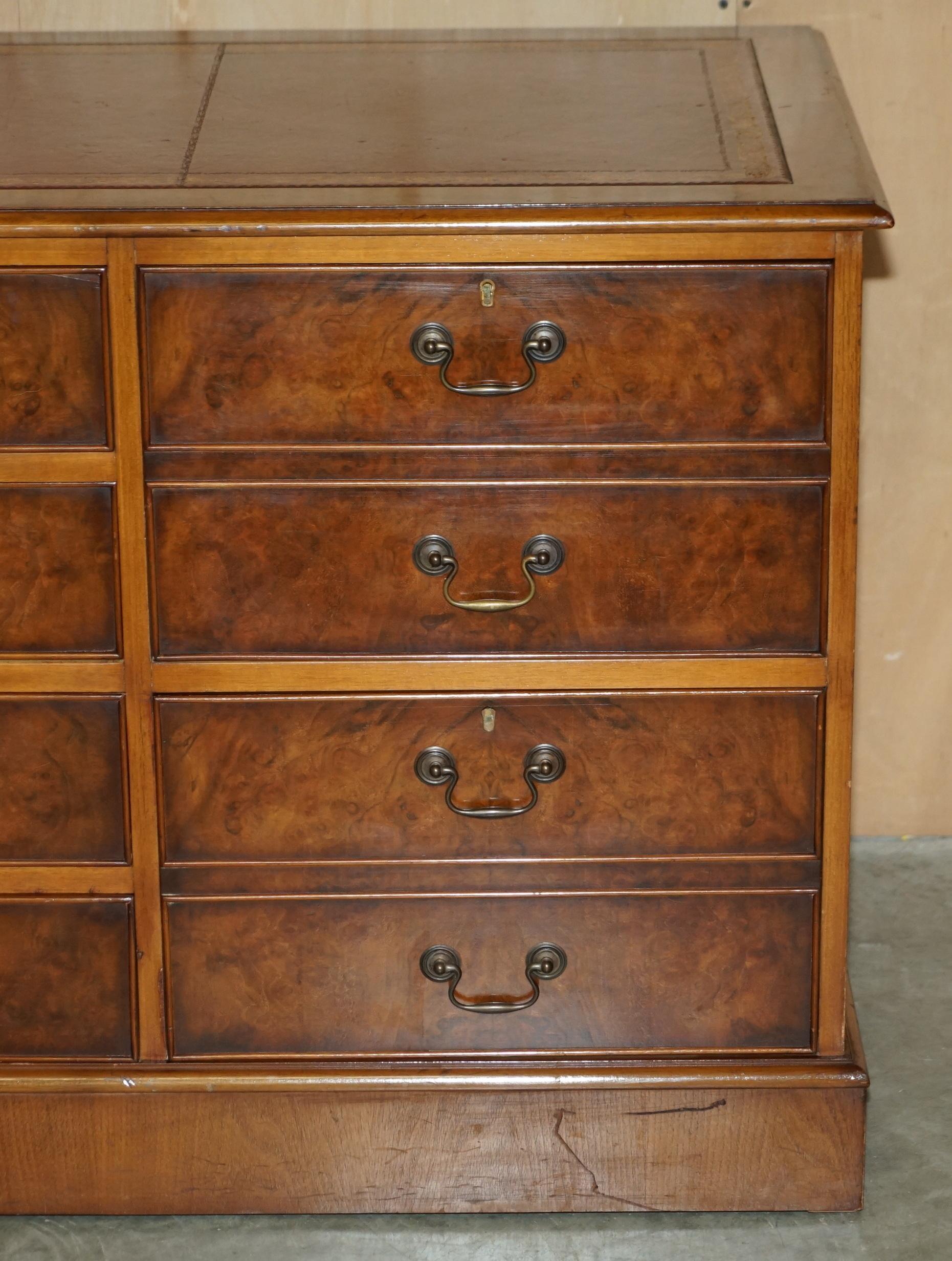 20th Century Burr Walnut Oxblood Leather Triple Filing Cabinet Chest of Drawers Sideboard For Sale