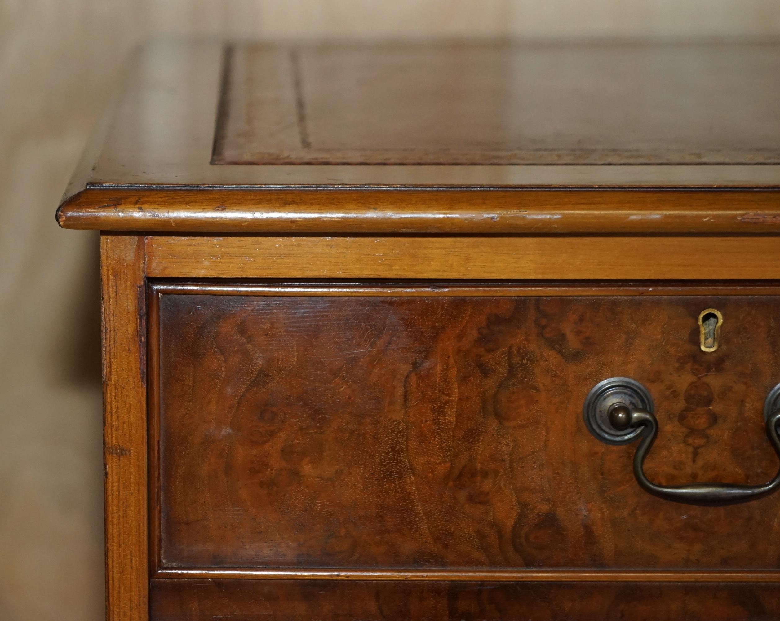 20th Century Burr Walnut Oxblood Leather Triple Filing Cabinet Chest of Drawers Sideboard