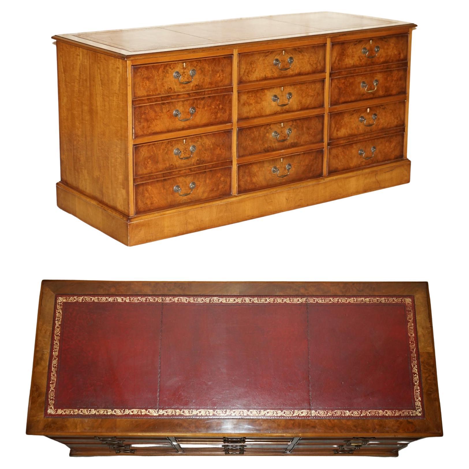 Burr Walnut Oxblood Leather Triple Filing Cabinet Chest of Drawers Sideboard For Sale