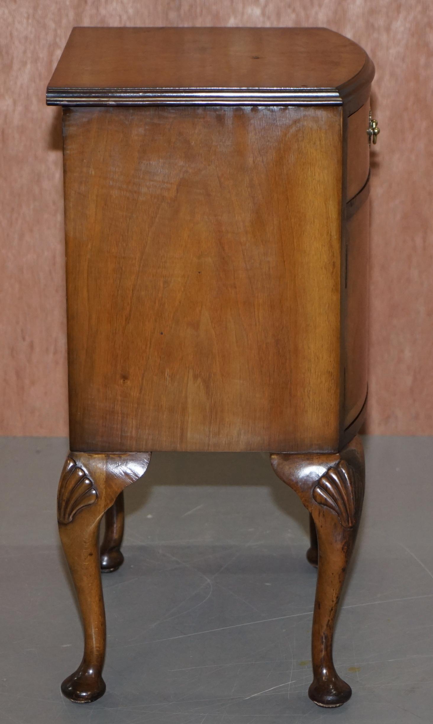 Burr Walnut Queen Anne Bedside Table Cabinet Elegant Carved Cabriolet Legs For Sale 3