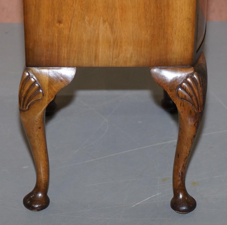 Burr Walnut Queen Anne Bedside Table Elegant Carved Cabriolet