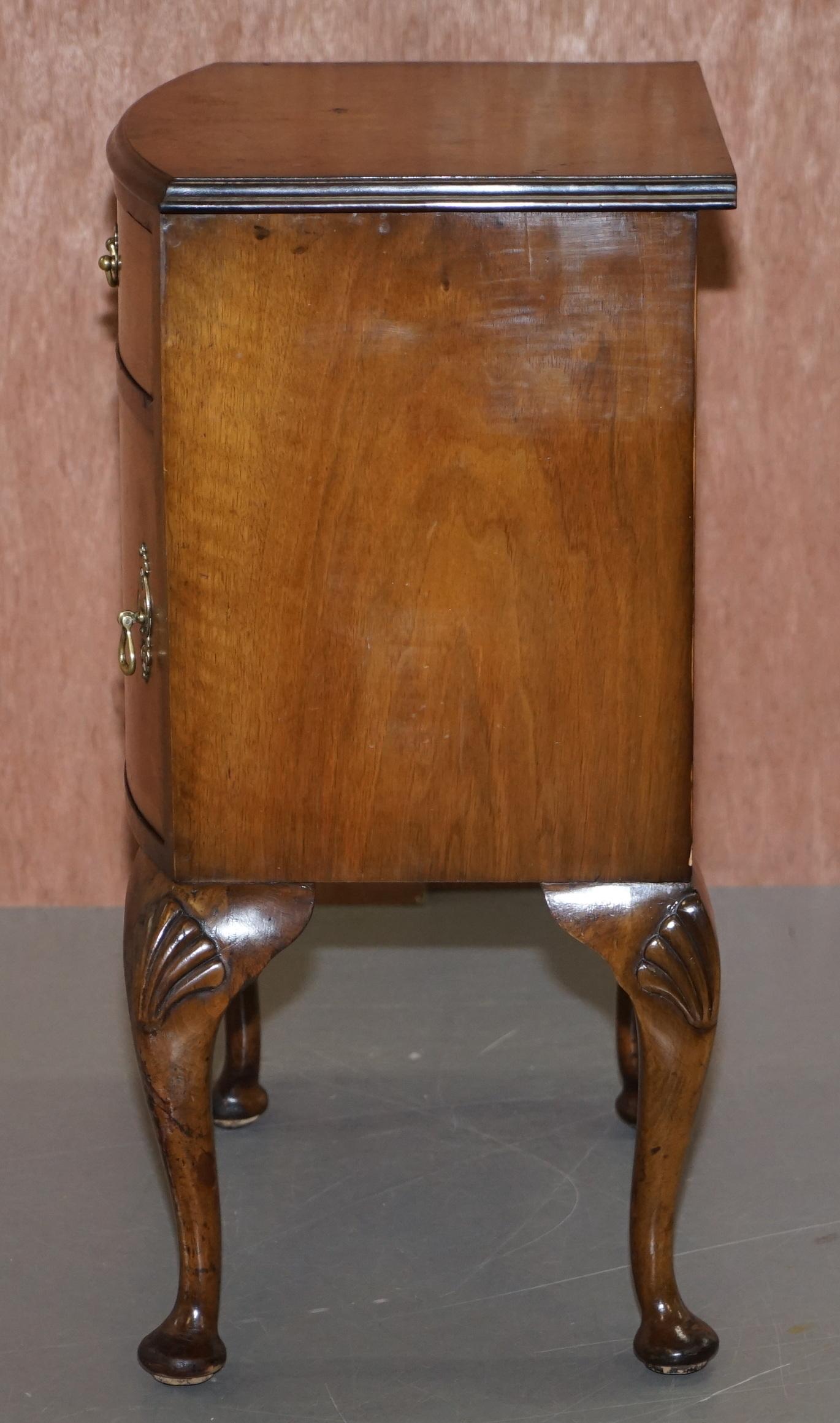 Burr Walnut Queen Anne Bedside Table Cabinet Elegant Carved Cabriolet Legs 5