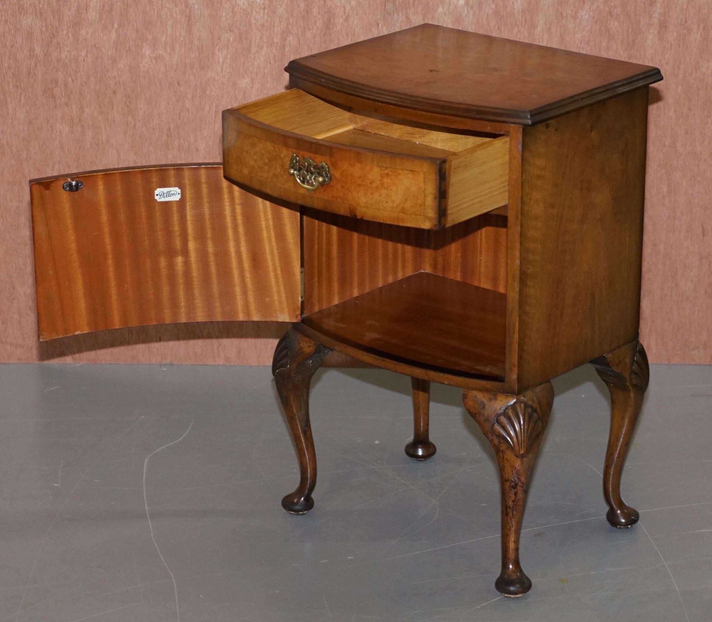 Burr Walnut Queen Anne Bedside Table Cabinet Elegant Carved Cabriolet Legs For Sale 8