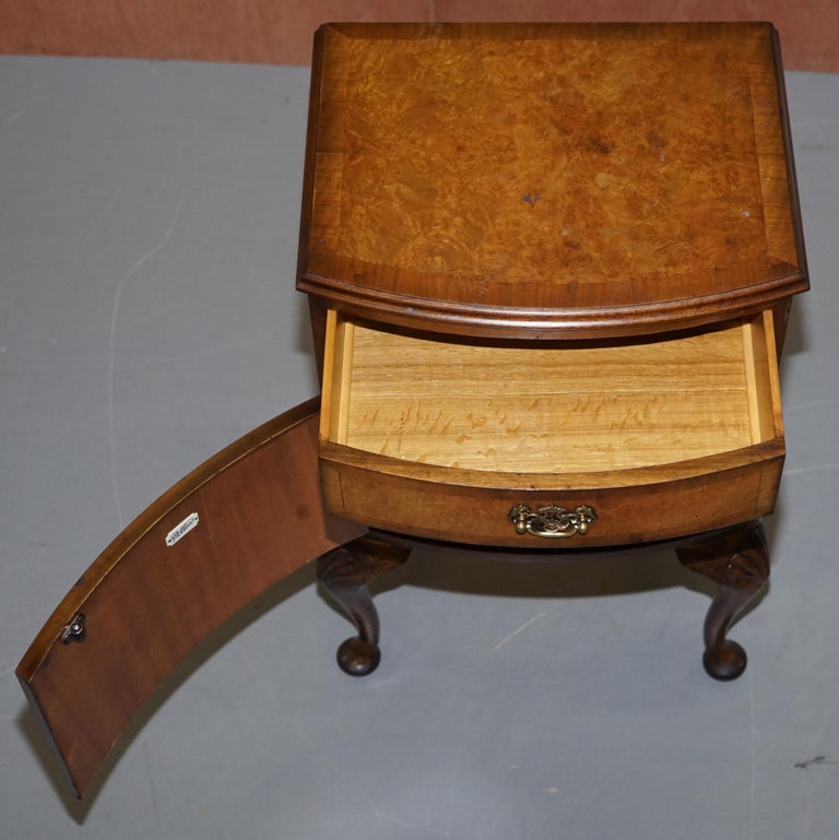 Burr Walnut Queen Anne Bedside Table Elegant Carved Cabriolet