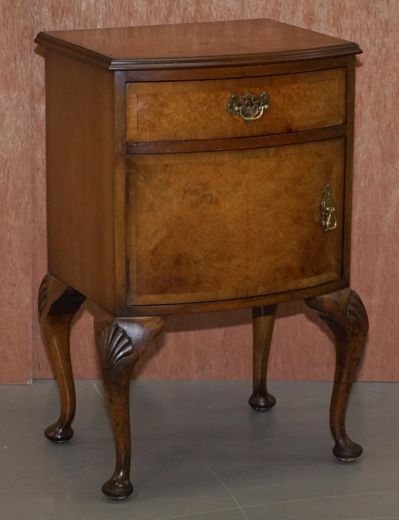 We are delighted to offer for sale this circa 1950s vintage burr walnut Queen Anne bedside table with ornately carved cabriolet legs 

A good looking and well made piece, made by Dillon, circa 1950. Designed as a bedside cabinet but naturally it