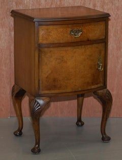 Burr Walnut Queen Anne Bedside Table Cabinet Elegant Carved Cabriolet Legs