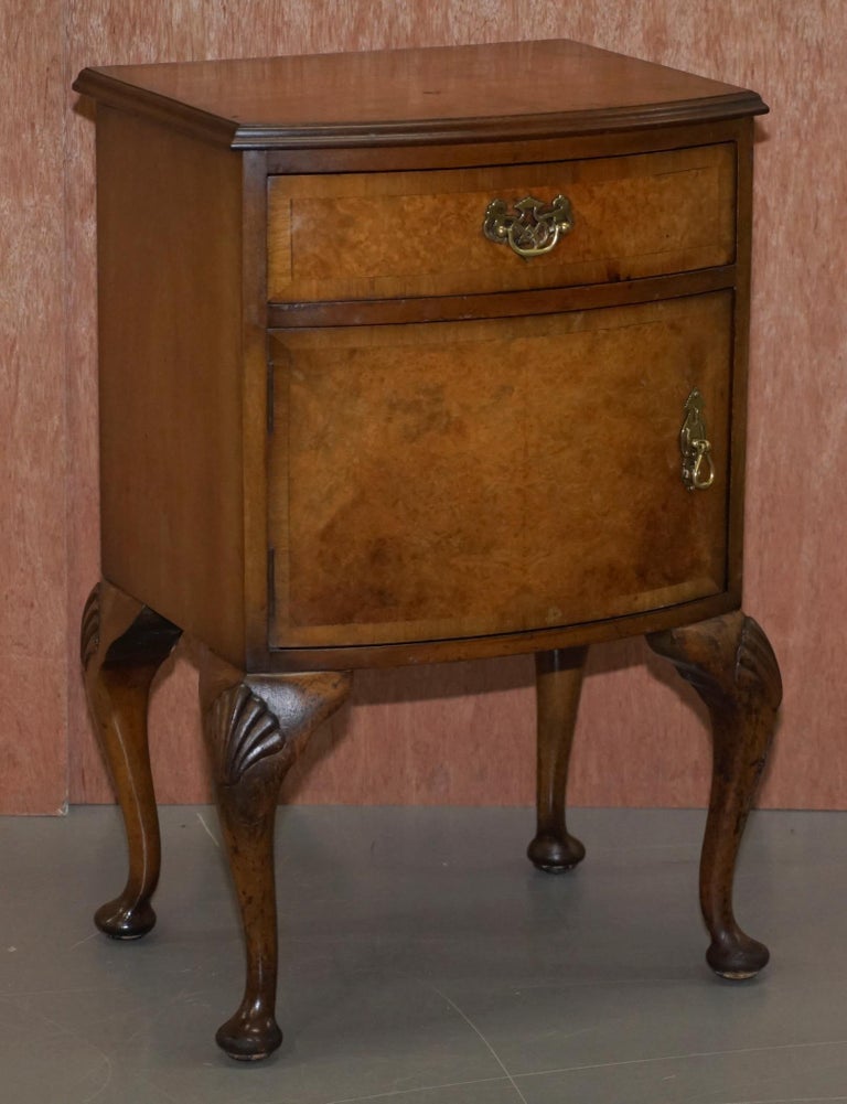 Burr Walnut Queen Anne Bedside Table Elegant Carved Cabriolet