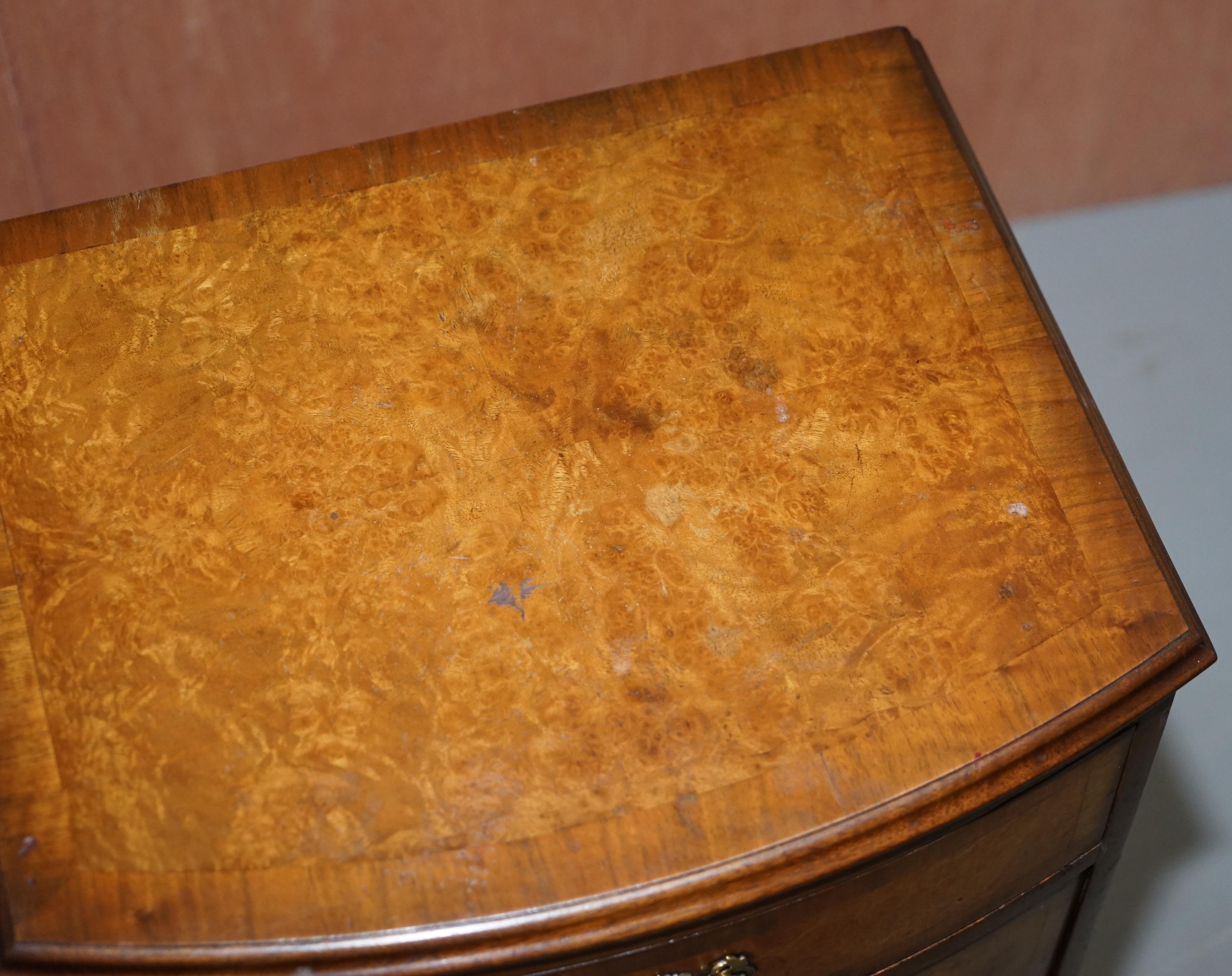 Mid-Century Modern Burr Walnut Queen Anne Bedside Table Cabinet Elegant Carved Cabriolet Legs For Sale