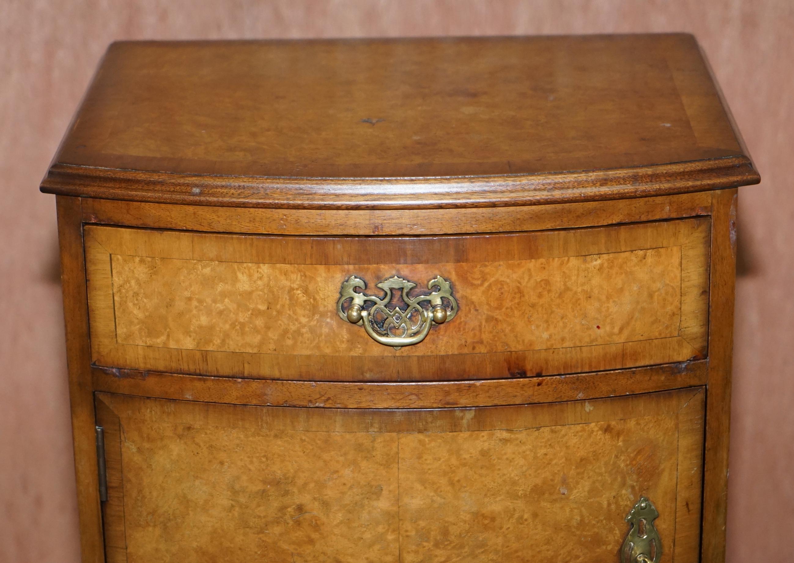 English Burr Walnut Queen Anne Bedside Table Cabinet Elegant Carved Cabriolet Legs For Sale