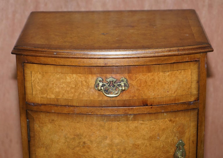 Burr Walnut Queen Anne Bedside Table Elegant Carved Cabriolet