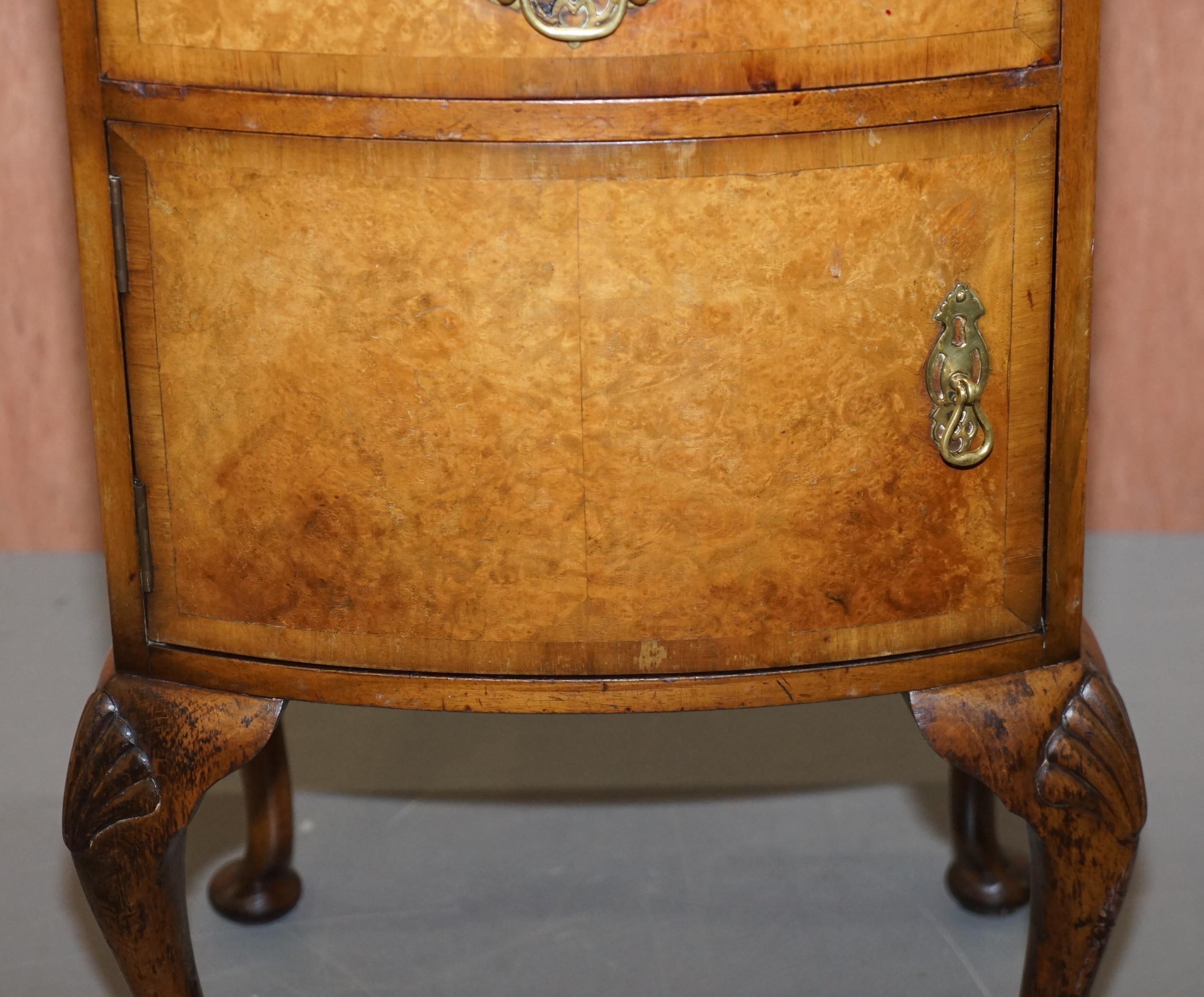 Hand-Crafted Burr Walnut Queen Anne Bedside Table Cabinet Elegant Carved Cabriolet Legs For Sale