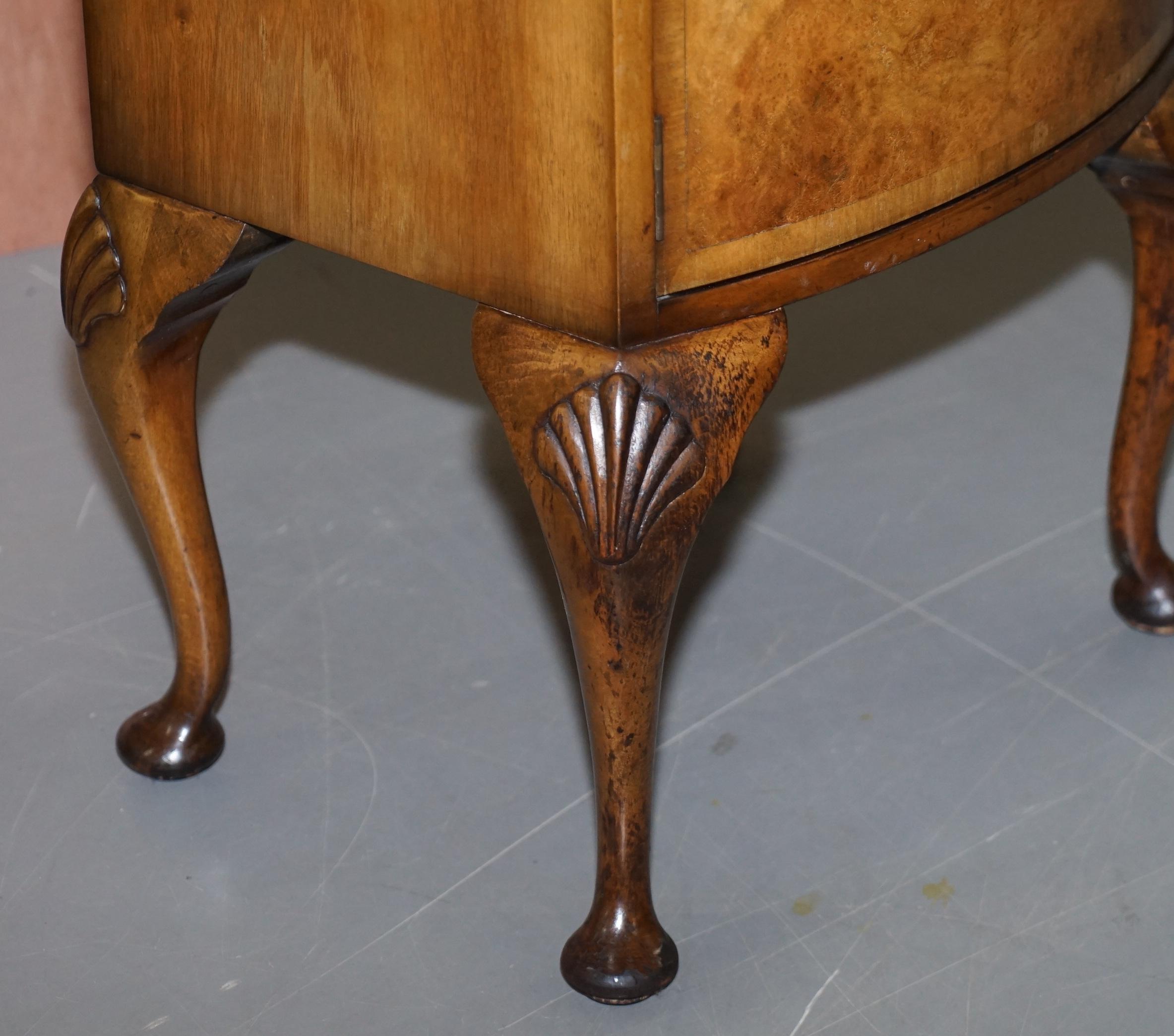 Mid-20th Century Burr Walnut Queen Anne Bedside Table Cabinet Elegant Carved Cabriolet Legs For Sale
