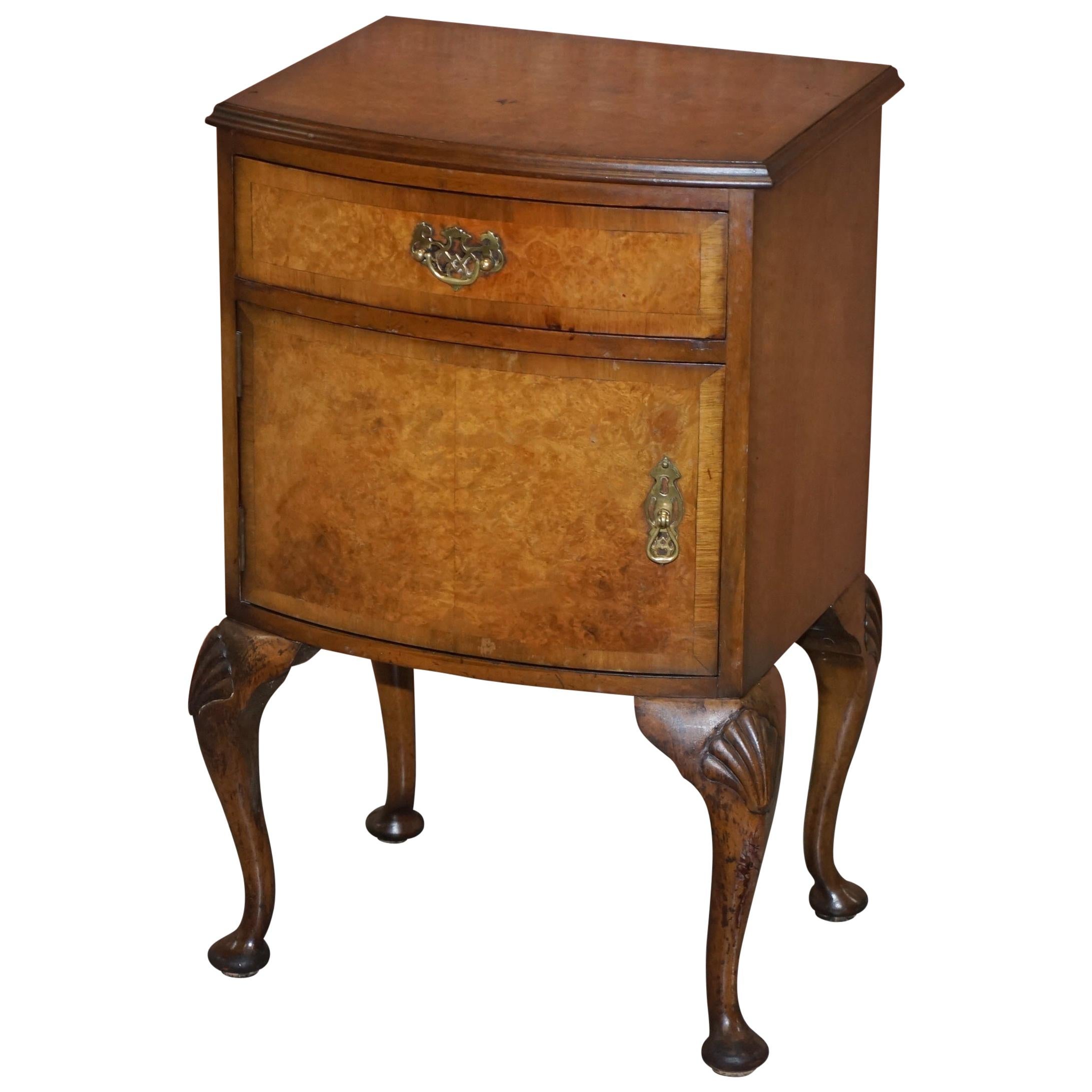 Burr Walnut Queen Anne Bedside Table Cabinet Elegant Carved Cabriolet Legs For Sale