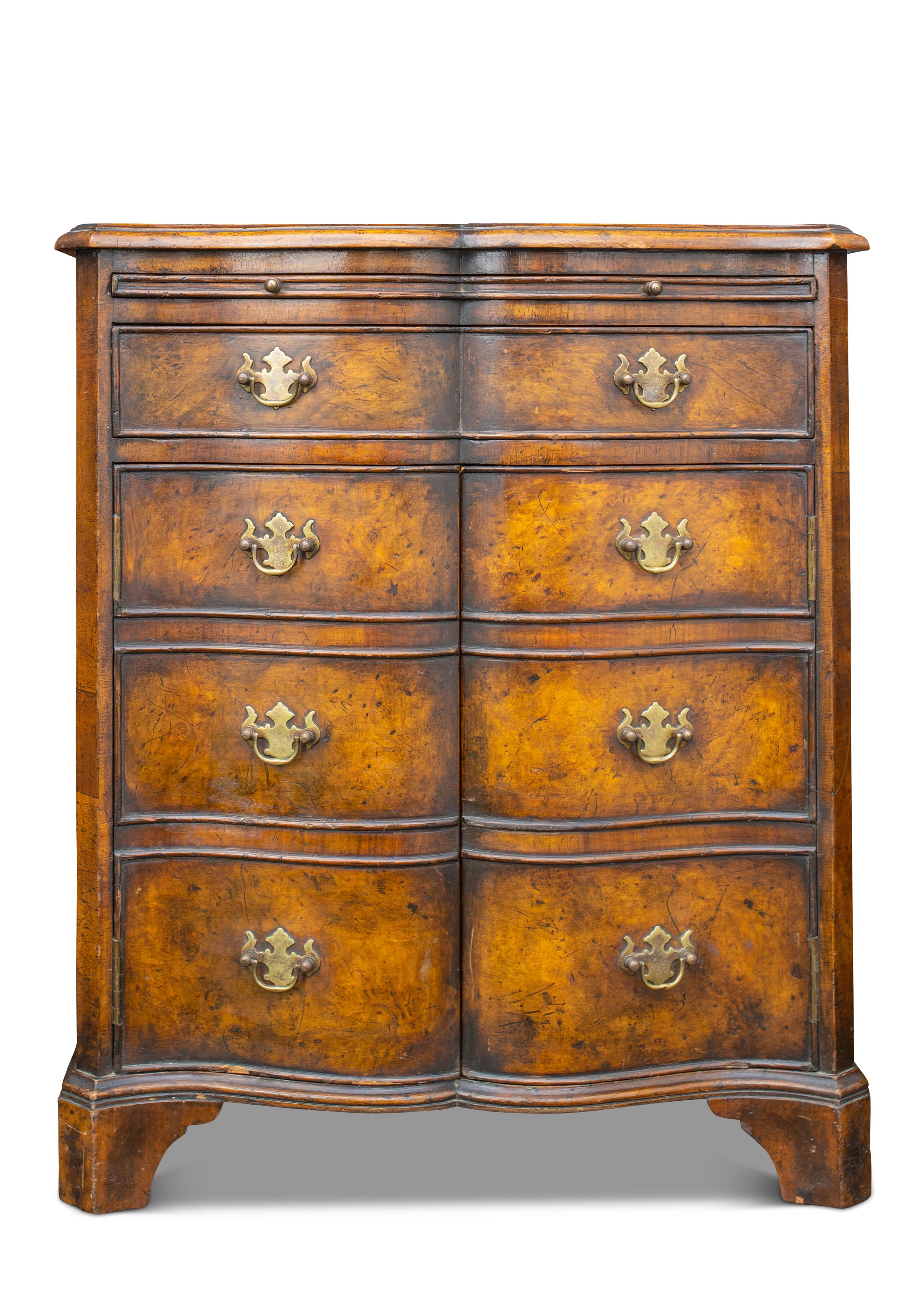 20th Century Burr Walnut Reverse Serpentine Batchelor's Cabinet With Single Drawer 1900's For Sale