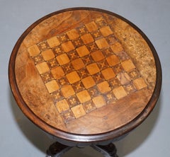 Burr Walnut & Redwood Victorian Chess Table, Sewing or Work Box Ornate Inlay