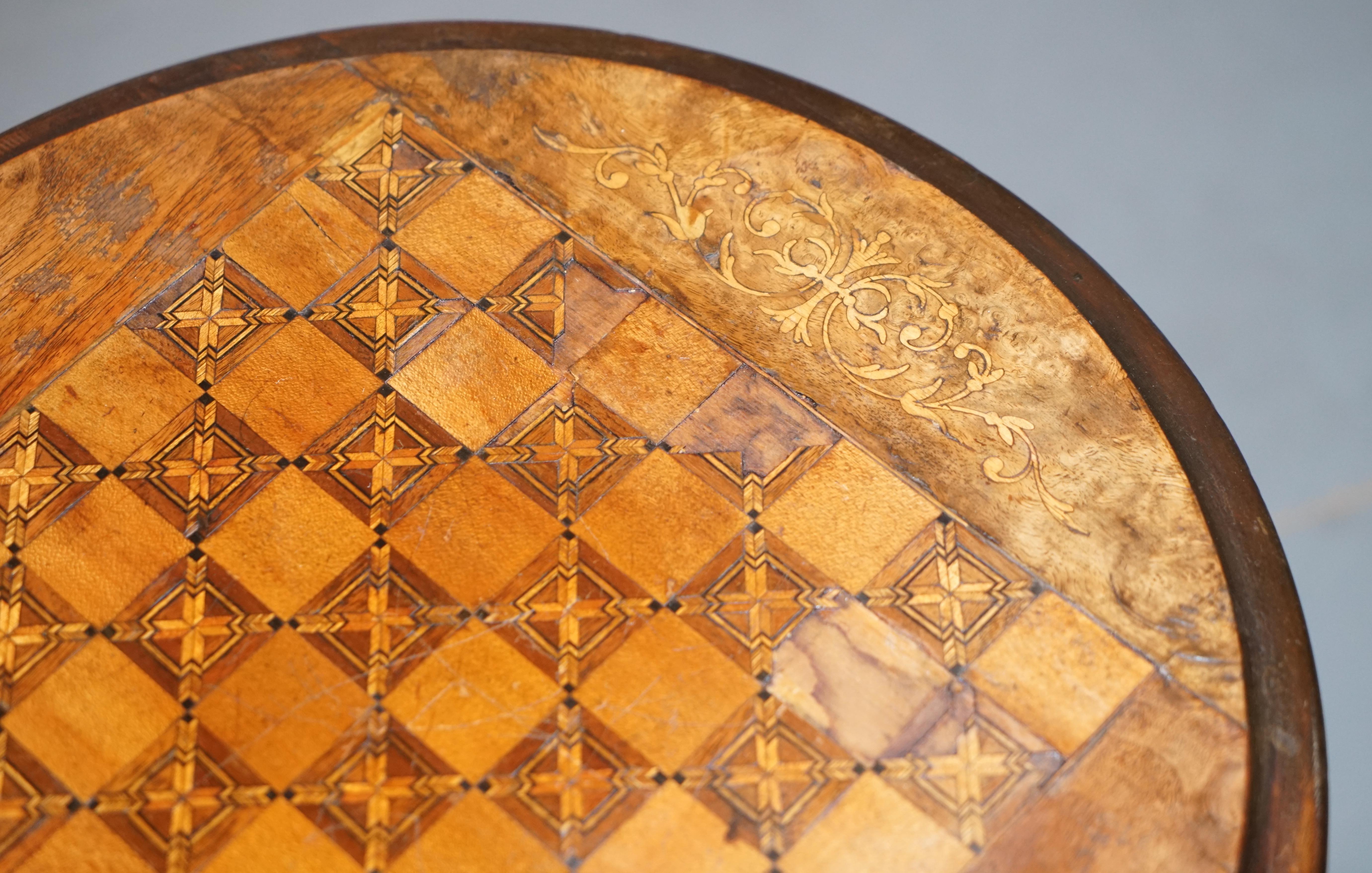 English Burr Walnut & Redwood Victorian Chess Table, Sewing or Work Box Ornate Inlay