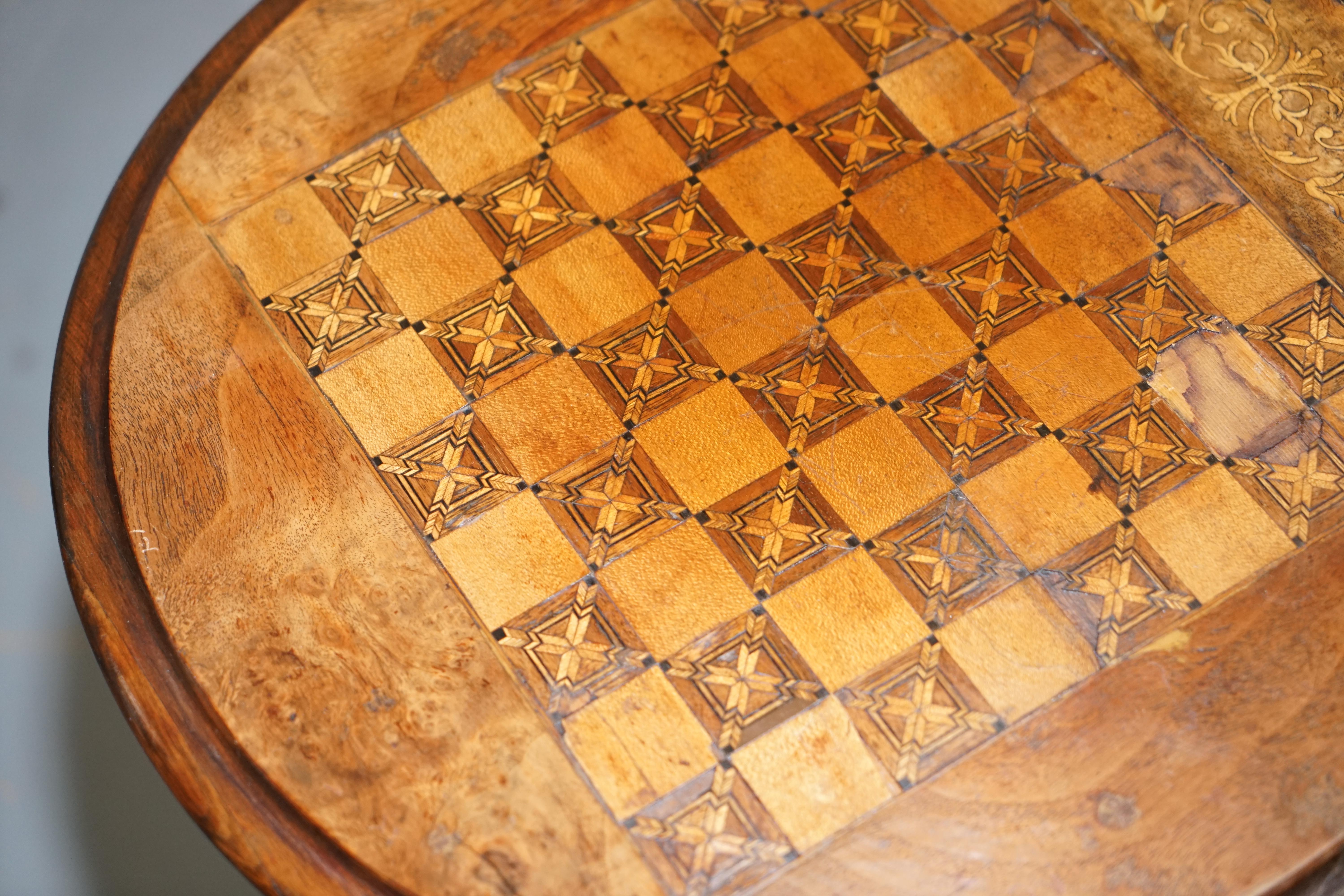 Hand-Crafted Burr Walnut & Redwood Victorian Chess Table, Sewing or Work Box Ornate Inlay