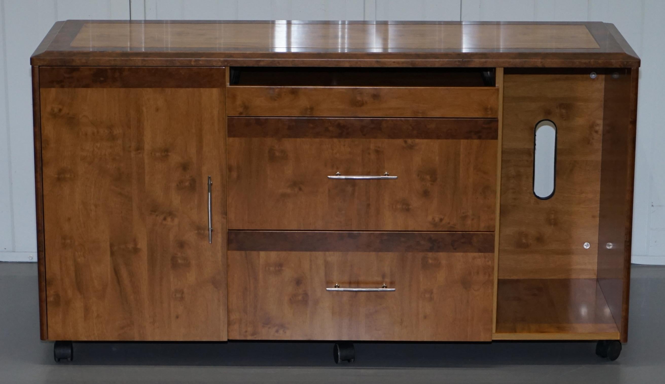 We are delighted to offer for sale this stunning burr walnut sideboard cabinet with drawers on wheels

This little cabinet is part of a suite, I have the matching chairman’s desk and a small sized filing cabinet as well

This piece is in perfect