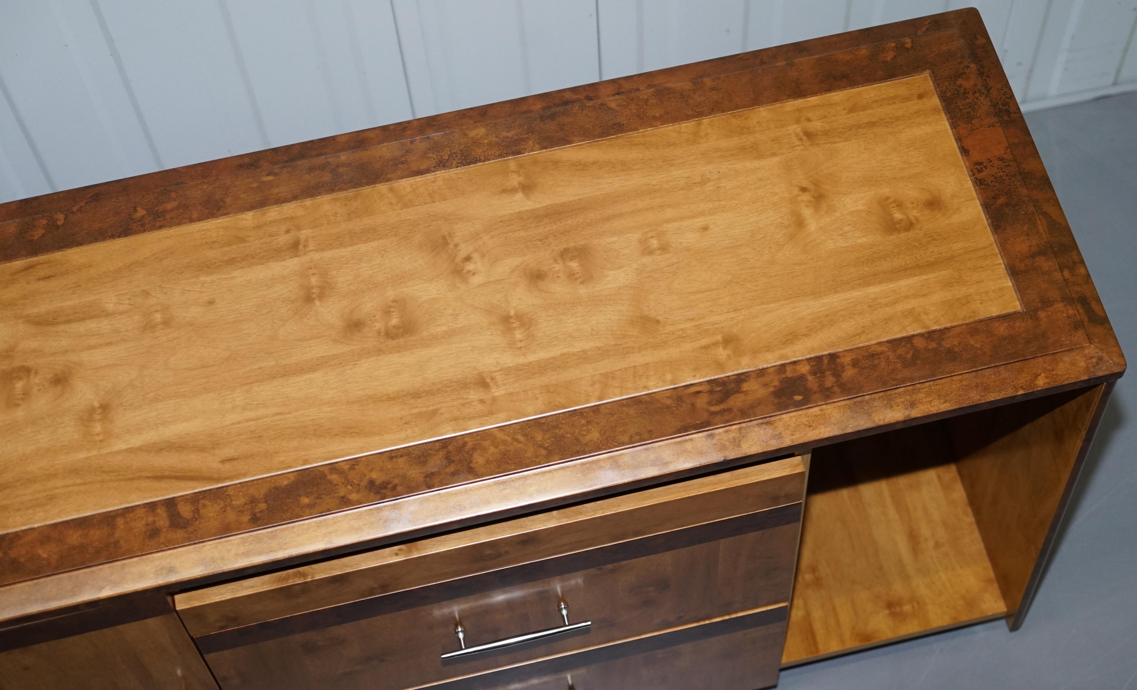 Hand-Crafted Burr Walnut Sideboard TV Stand Drawers Designed to House Computer Part of Suite For Sale