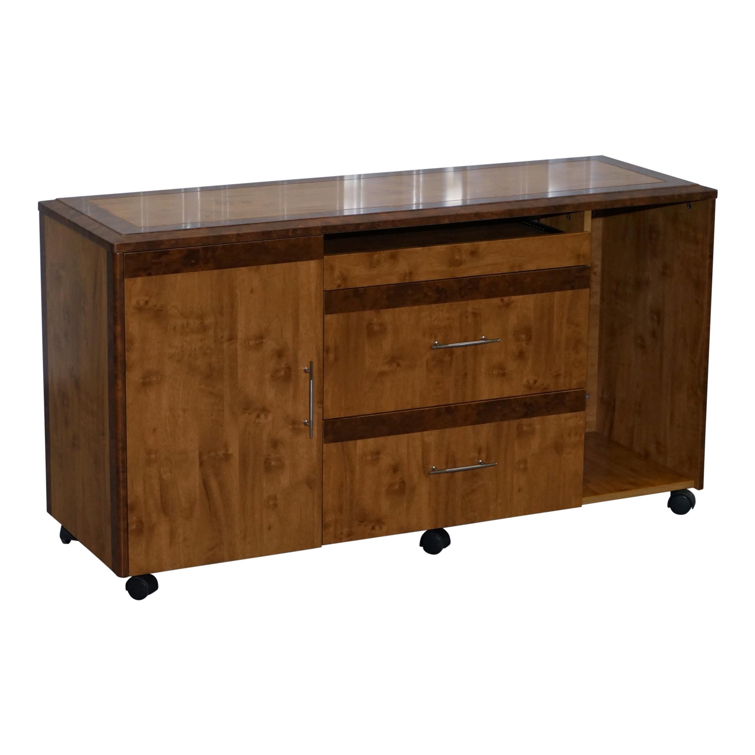 Burr Walnut Sideboard TV Stand Drawers Designed to House Computer Part of Suite For Sale