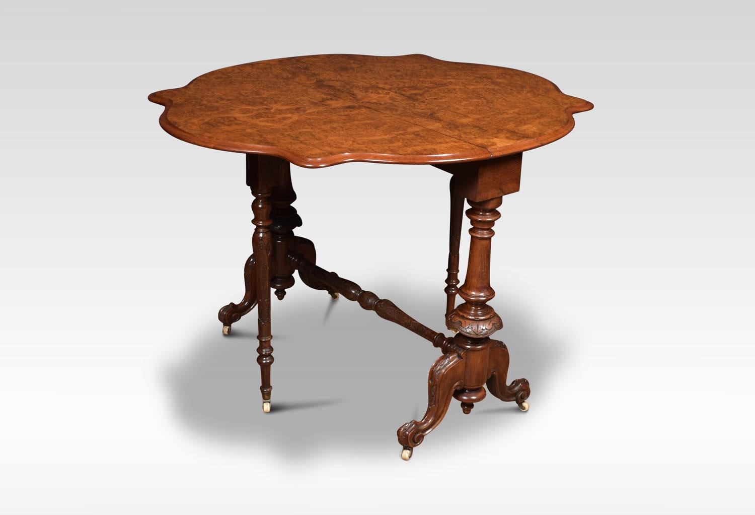 Victorian figured walnut Sutherland table, the shaped top with two impressive burr walnut leaves. Supported on two turned supports united by stretcher.
Dimensions:
Height 27.5 inches
Width 36 inches
Depth 6.5 inches / when end are up 41 inches.