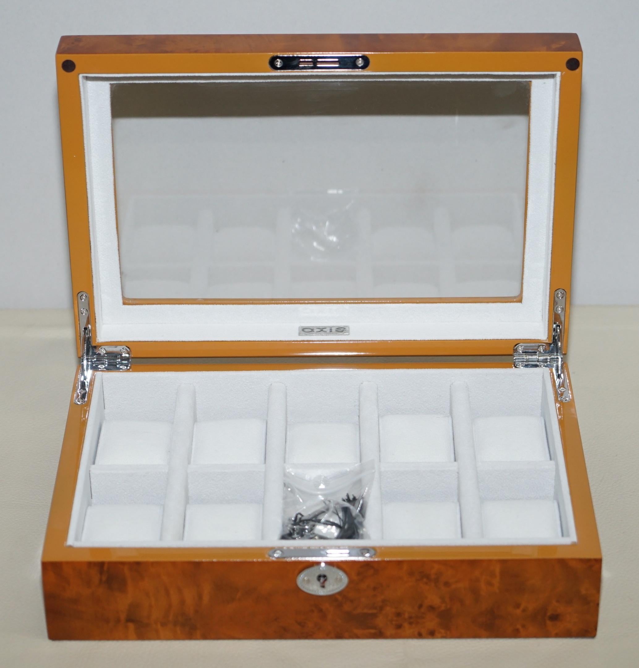 English Burr Walnut Watch Display Case with Lock and Keys Exhibition Case