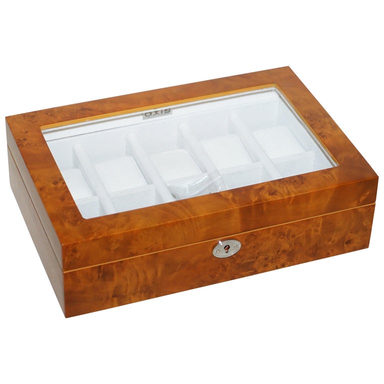 Burr Walnut Watch Display Case with Lock and Keys Exhibition Case at