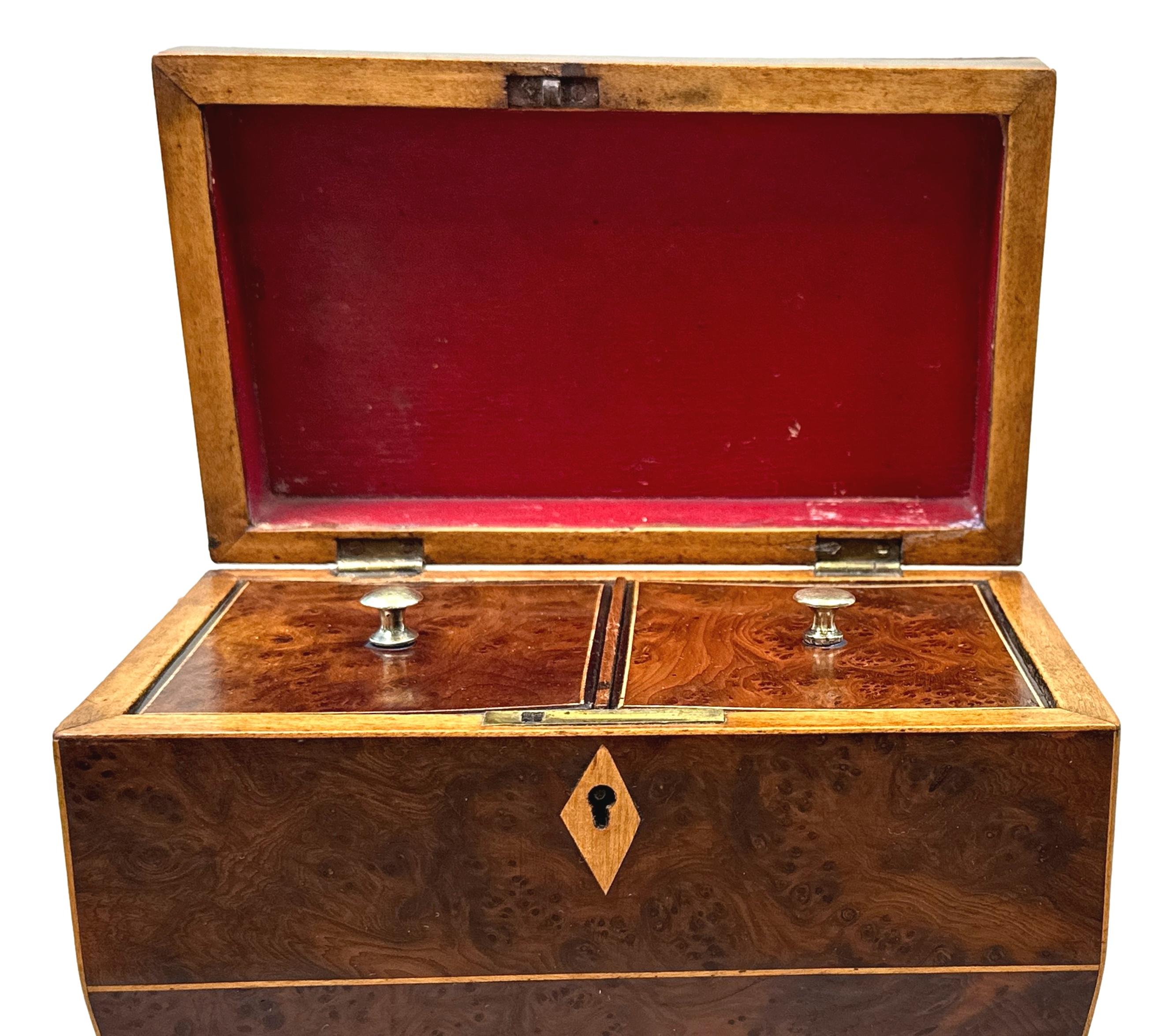 Un porta tè in legno di radica di tasso, molto attraente e di buona qualità, risalente all'inizio del XIX secolo, con decorazioni in legno di bosso, il piano a pagoda incernierato che racchiude due divisioni con coperchio, le maniglie originali in