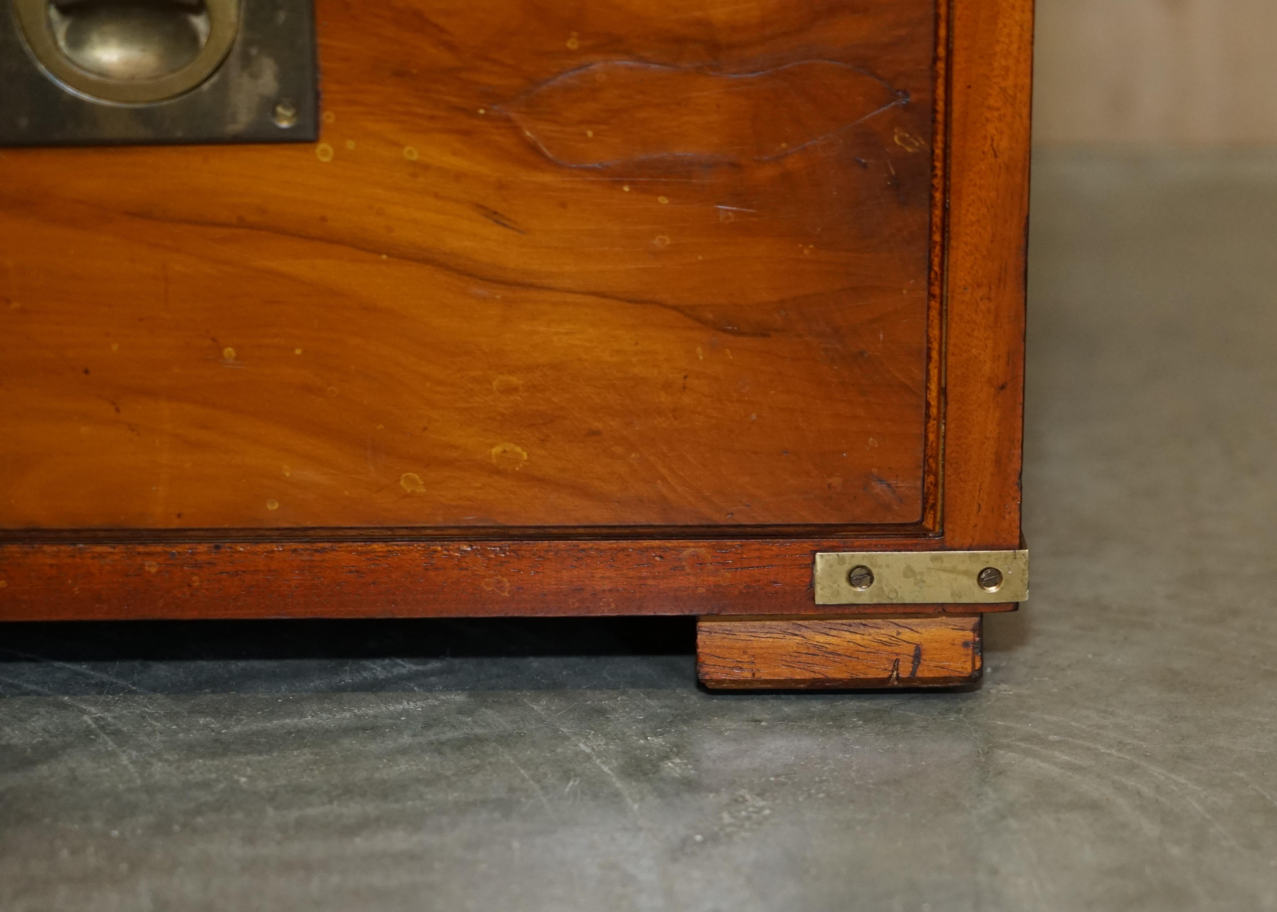 Brass Burr Yew & Elm Wood Military Campaign Drinks Cabinet Hidden Inside a Side Table For Sale