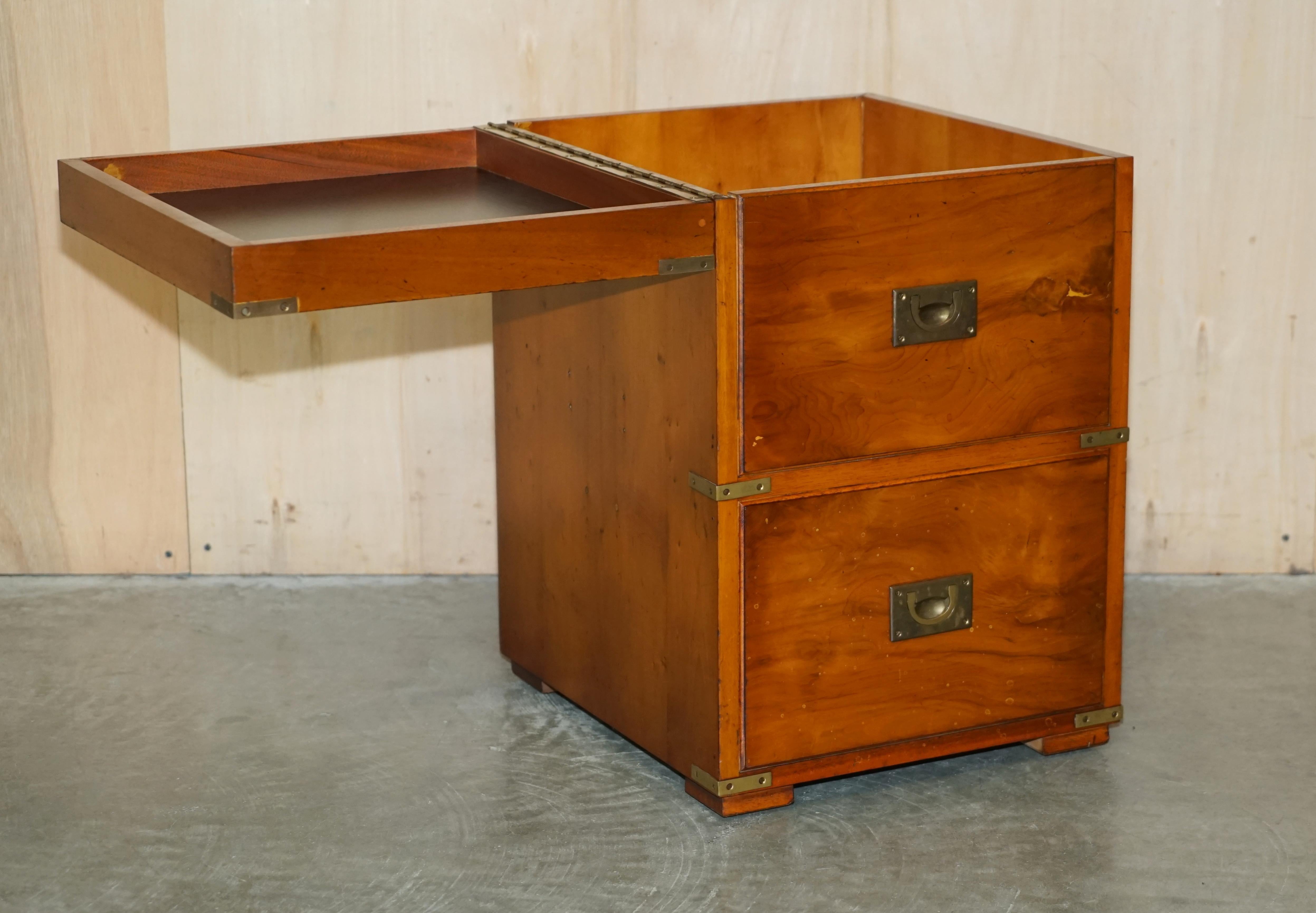 Burr Yew & Elm Wood Military Campaign Drinks Cabinet Hidden Inside a Side Table For Sale 6