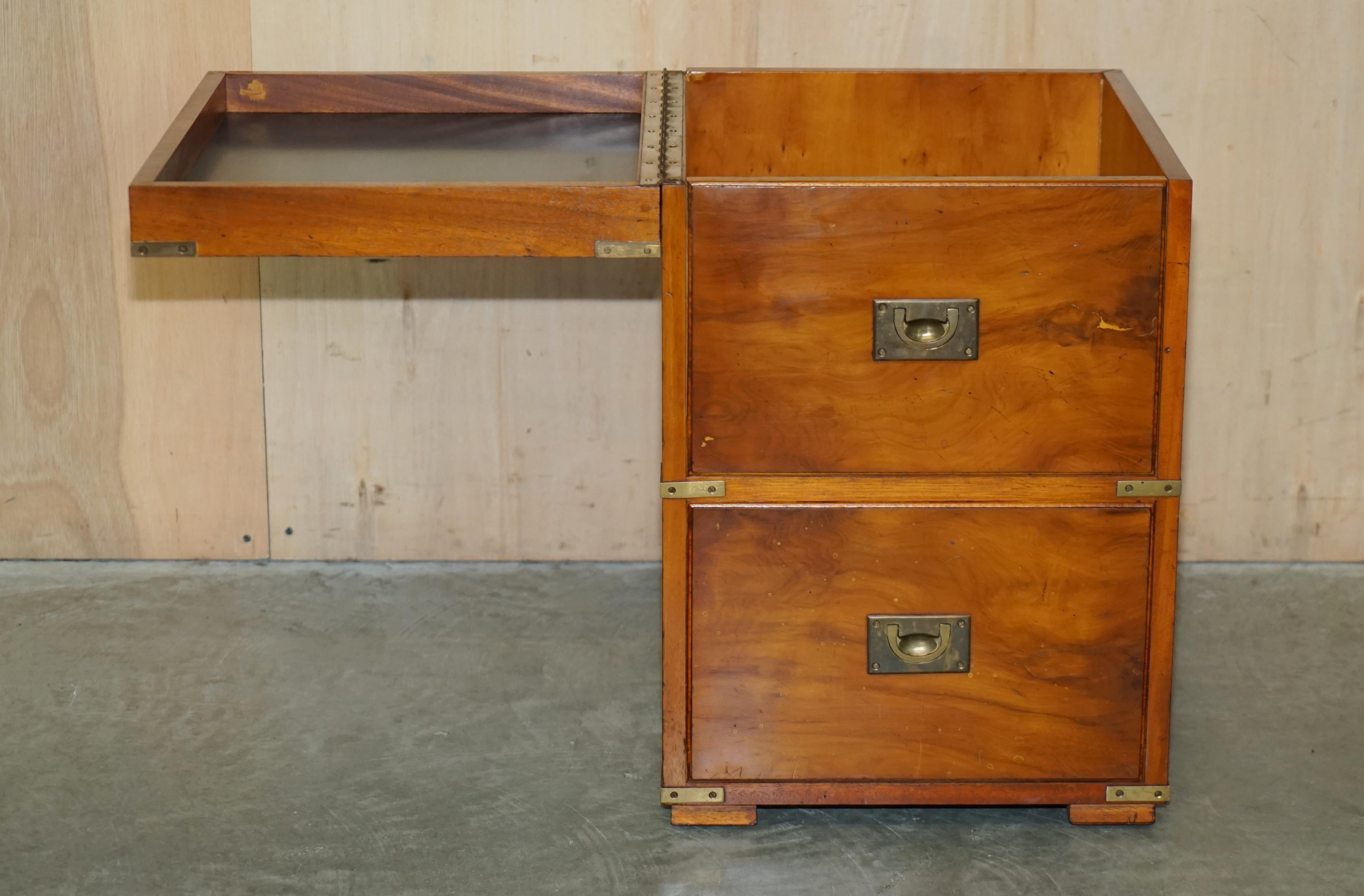 Burr Yew & Elm Wood Military Campaign Drinks Cabinet Hidden Inside a Side Table For Sale 6