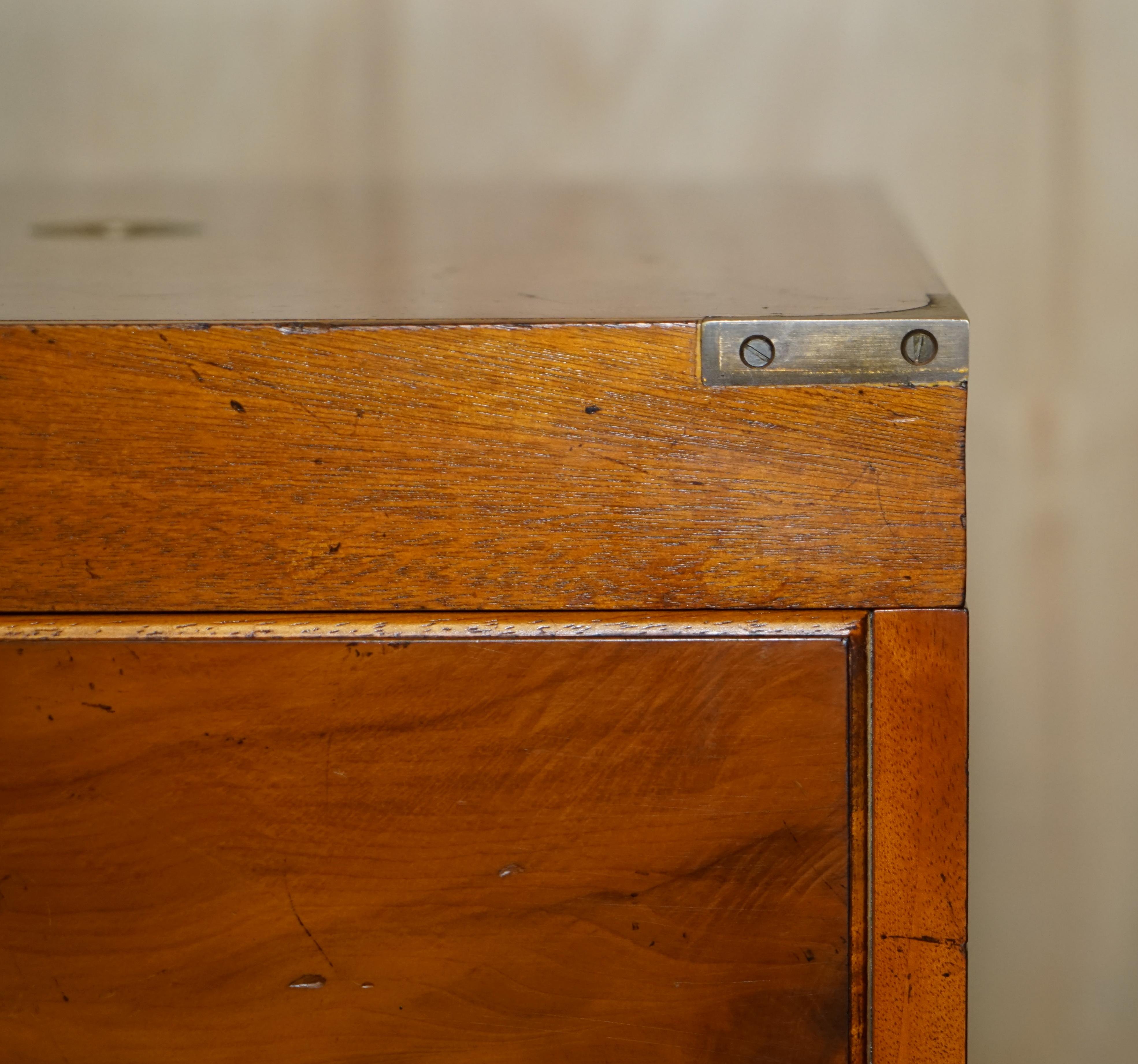 English Burr Yew & Elm Wood Military Campaign Drinks Cabinet Hidden Inside a Side Table For Sale