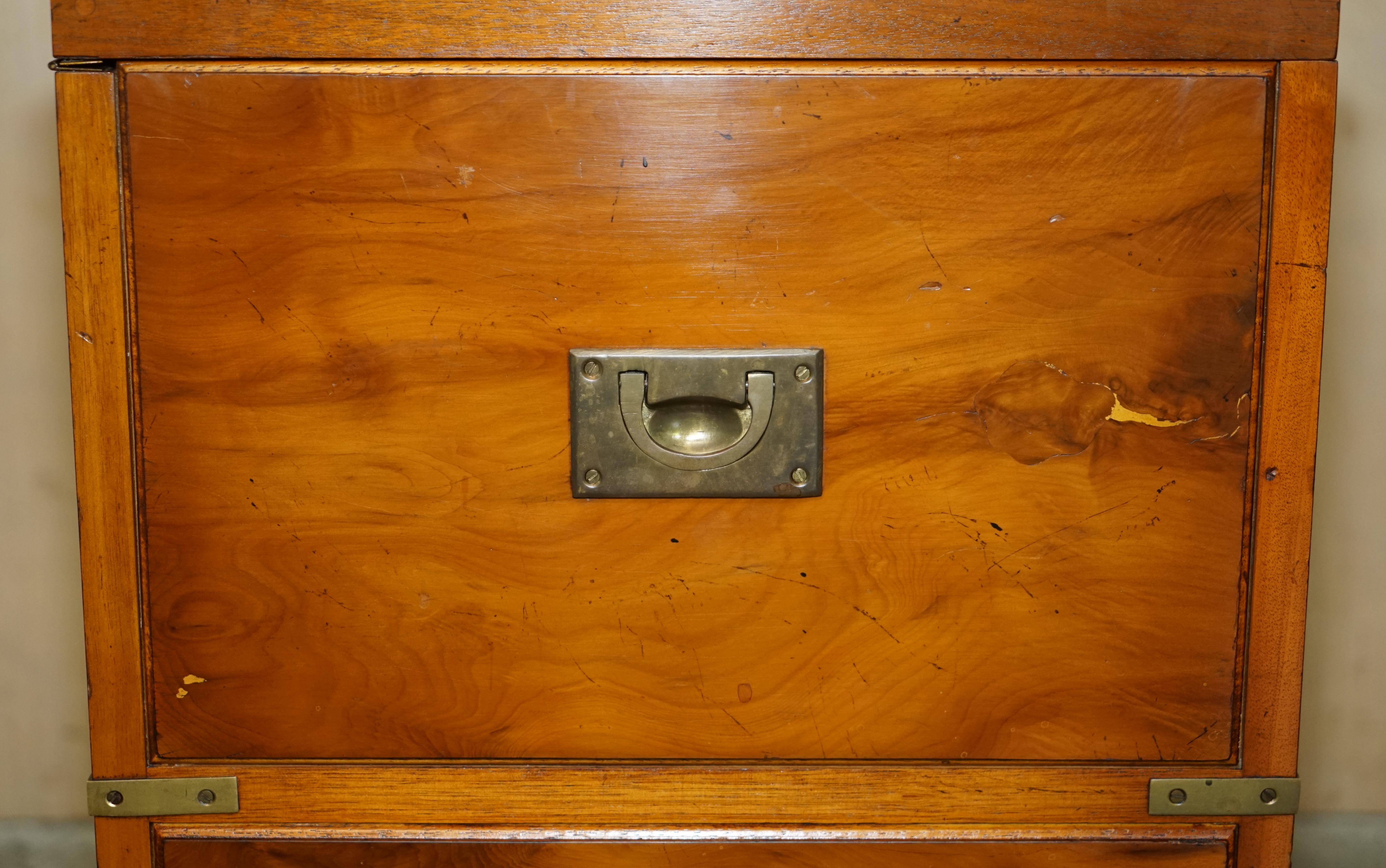 Hand-Crafted Burr Yew & Elm Wood Military Campaign Drinks Cabinet Hidden Inside a Side Table For Sale