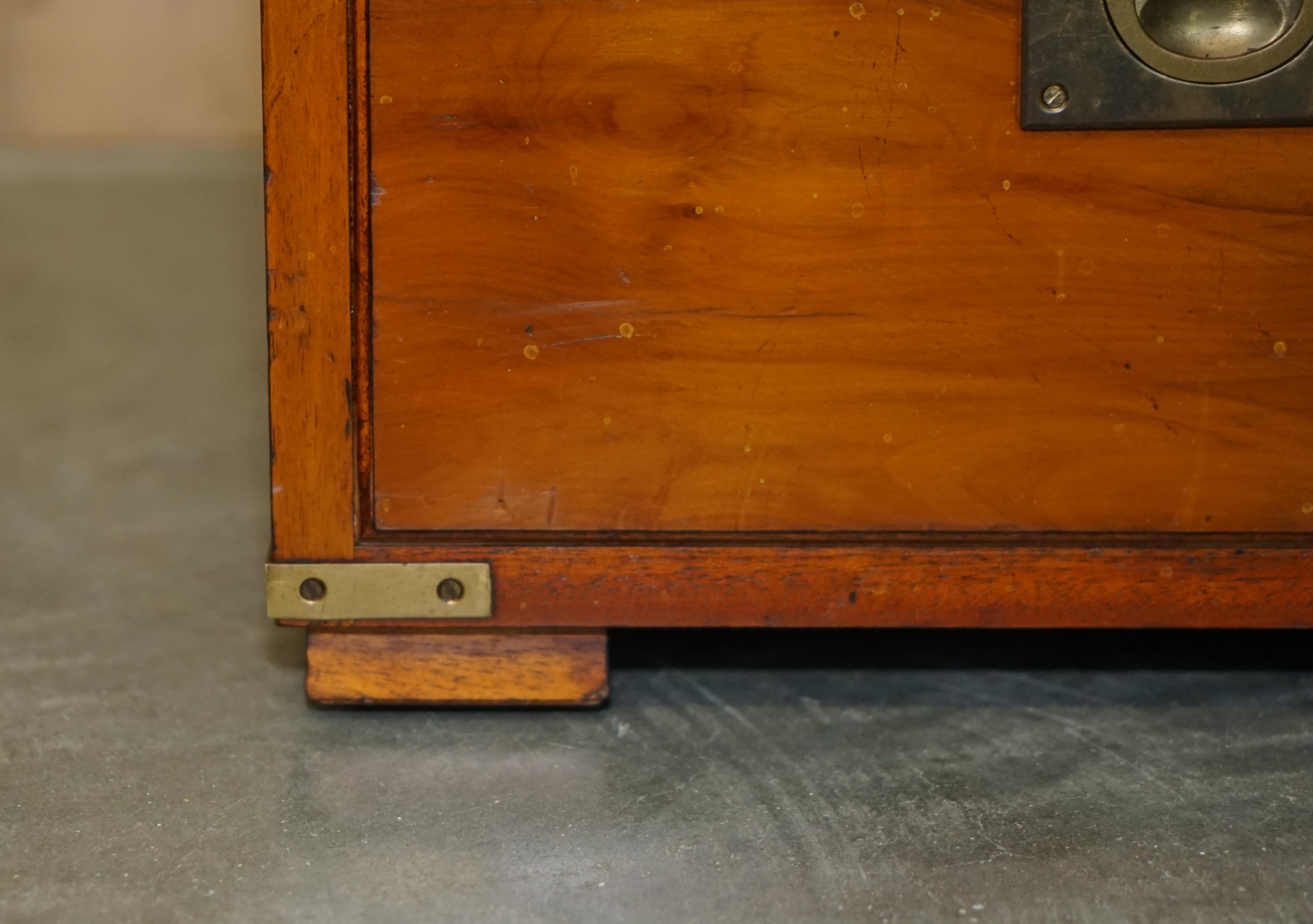 Brass Burr Yew & Elm Wood Military Campaign Drinks Cabinet Hidden Inside a Side Table For Sale