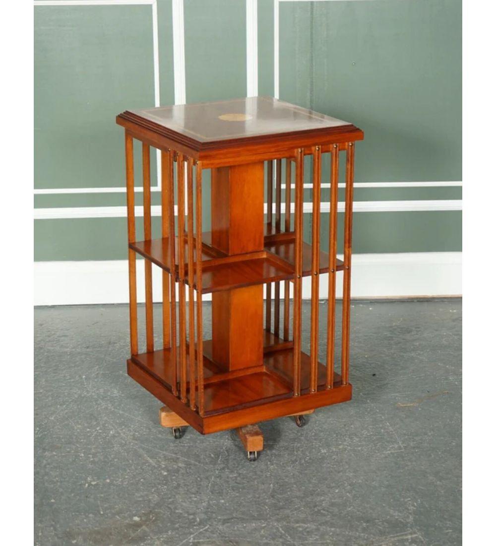 British Burr Yew Sheraton Revival Inlaid Revolving Bookcase End Table For Sale