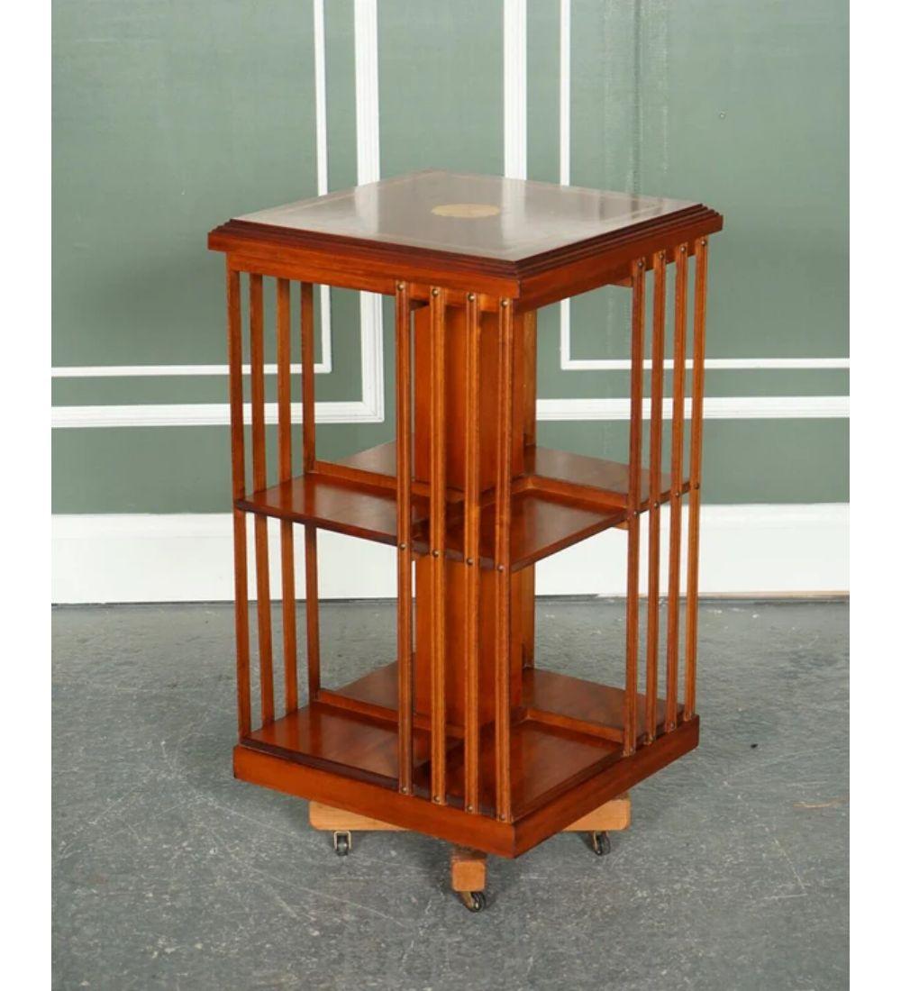 Hand-Crafted Burr Yew Sheraton Revival Inlaid Revolving Bookcase End Table For Sale
