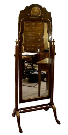 Queen Anne Style Burr Yew, Walnut and Parcel Gilt Cheval Mirror, c1900