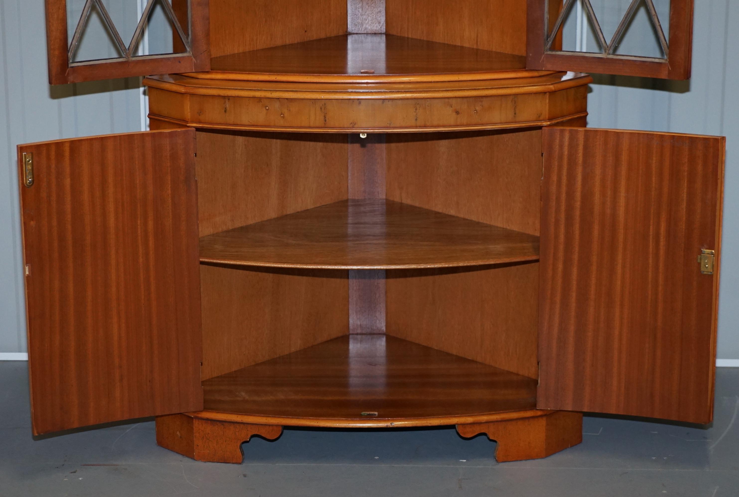 20th Century Burr Yew Wood Bradley Furniture Astral Glazed Corner Cupboard Bookcase Cabinet
