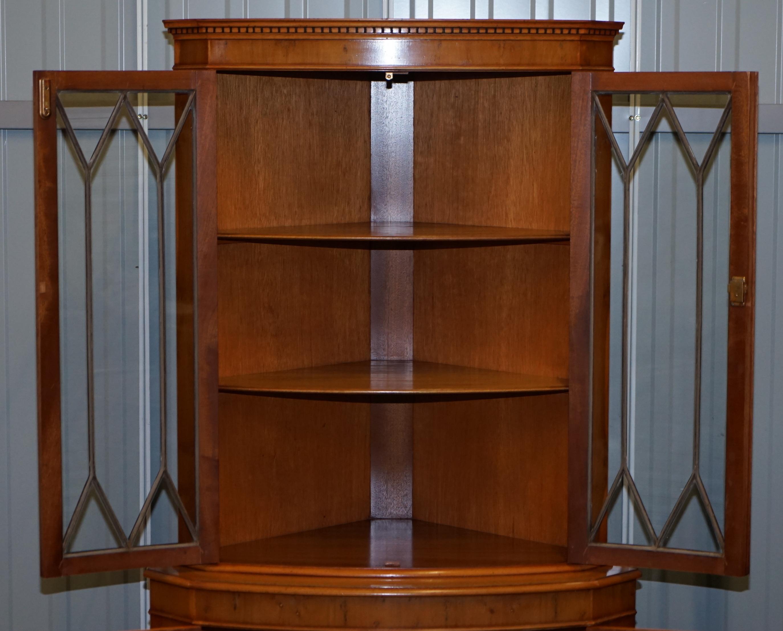 Glass Burr Yew Wood Bradley Furniture Astral Glazed Corner Cupboard Bookcase Cabinet