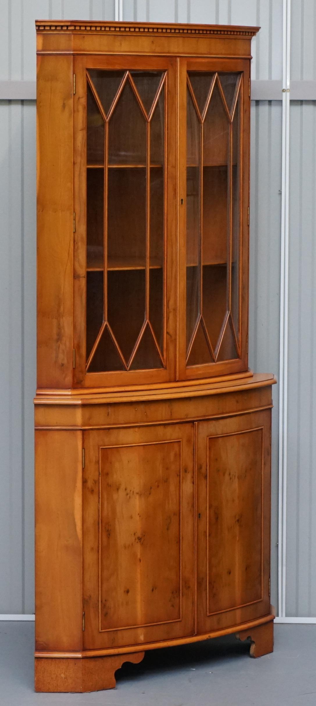 We are delighted to this very good looking Bradley furniture and well-made burr yew wood astral glazed corner cupboard

A good looking functional and decorative piece

Condition wise we have cleaned waxed and polished it, there will be age