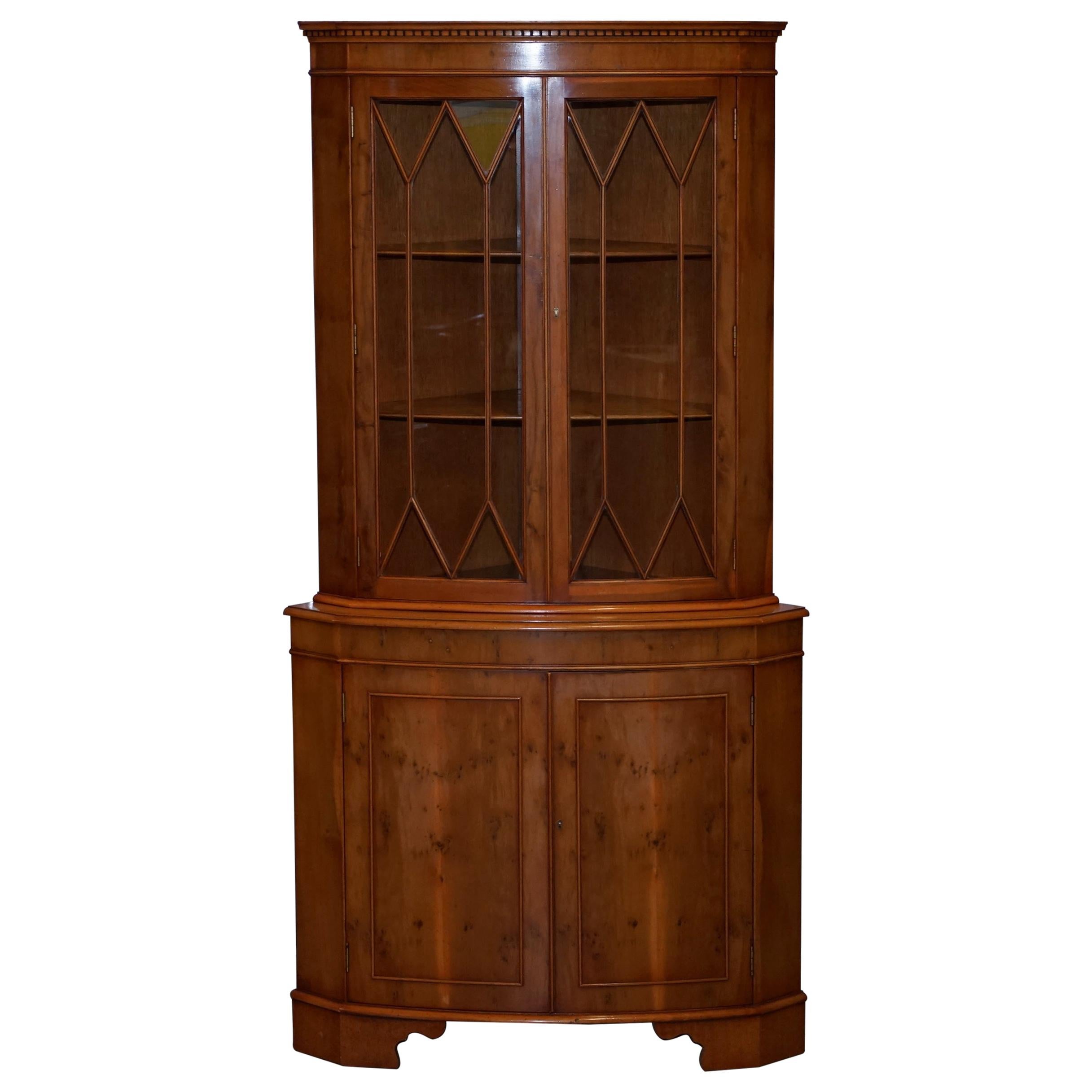 Burr Yew Wood Bradley Furniture Astral Glazed Corner Cupboard Bookcase Cabinet