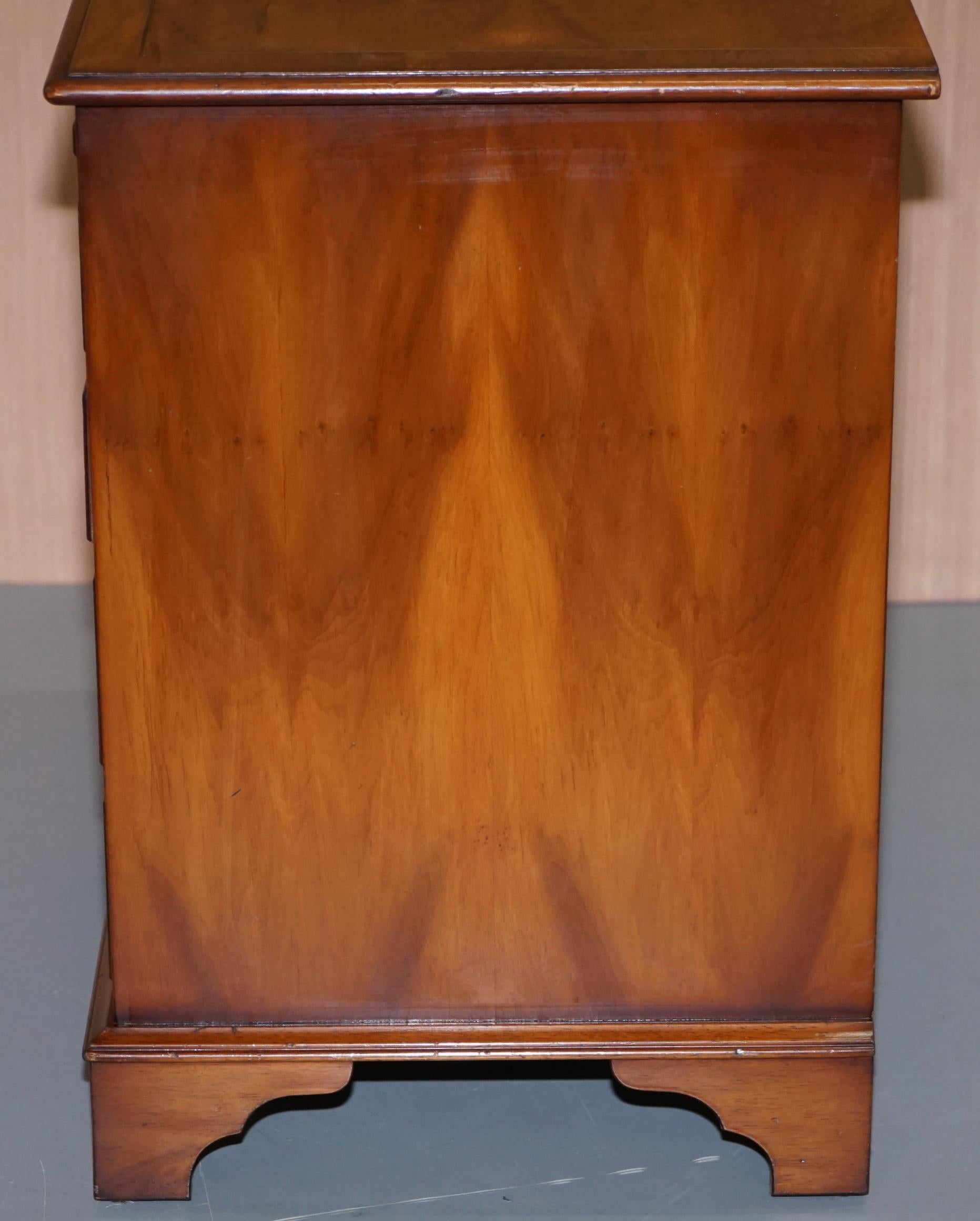 Burr Yew Wood Chest of Drawers Butlers Leather Serving Tray Large Side Table For Sale 5