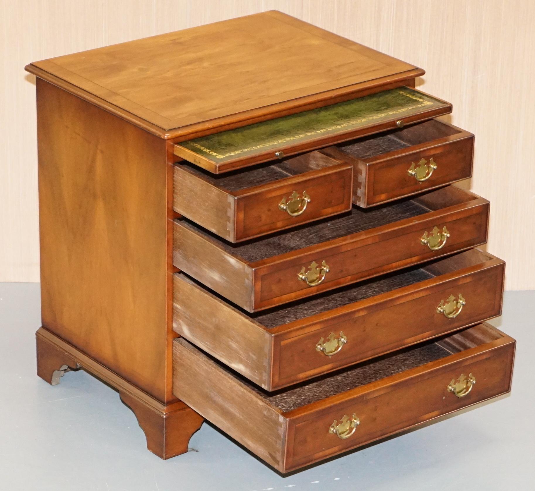 Burr Yew Wood Chest of Drawers Butlers Leather Serving Tray Large Side Table For Sale 6