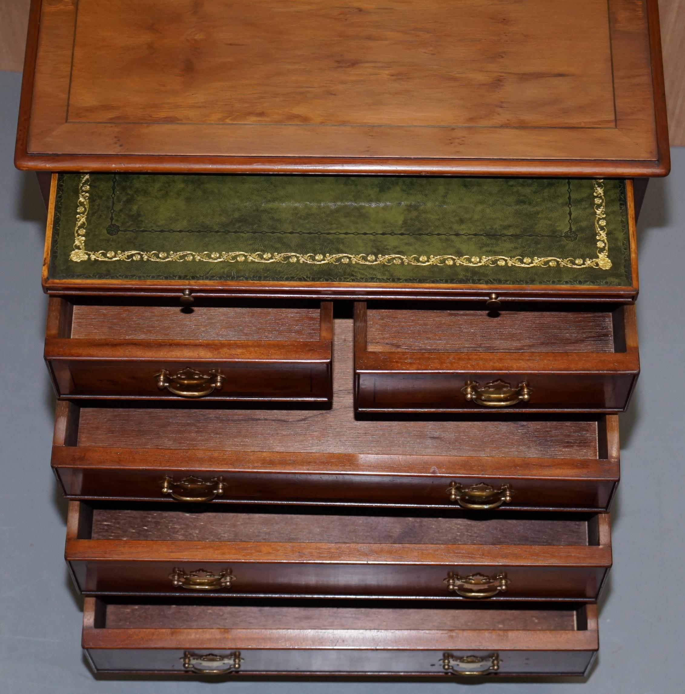 Burr Yew Wood Chest of Drawers Butlers Leather Serving Tray Large Side Table For Sale 7