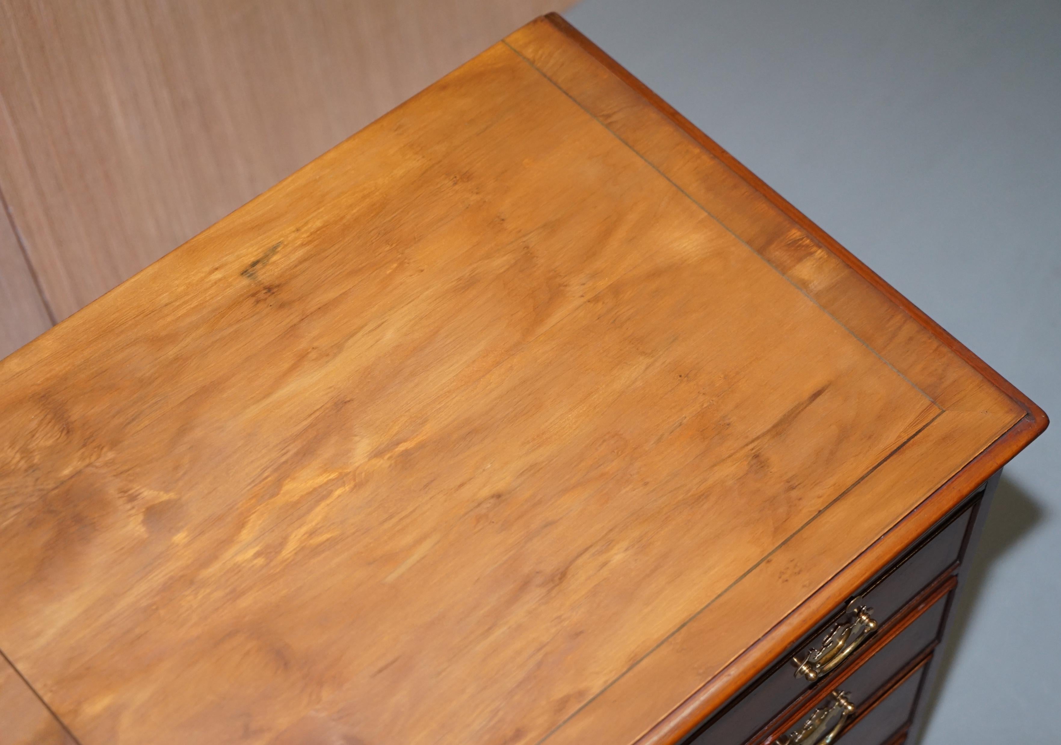 Modern Burr Yew Wood Chest of Drawers Butlers Leather Serving Tray Large Side Table For Sale