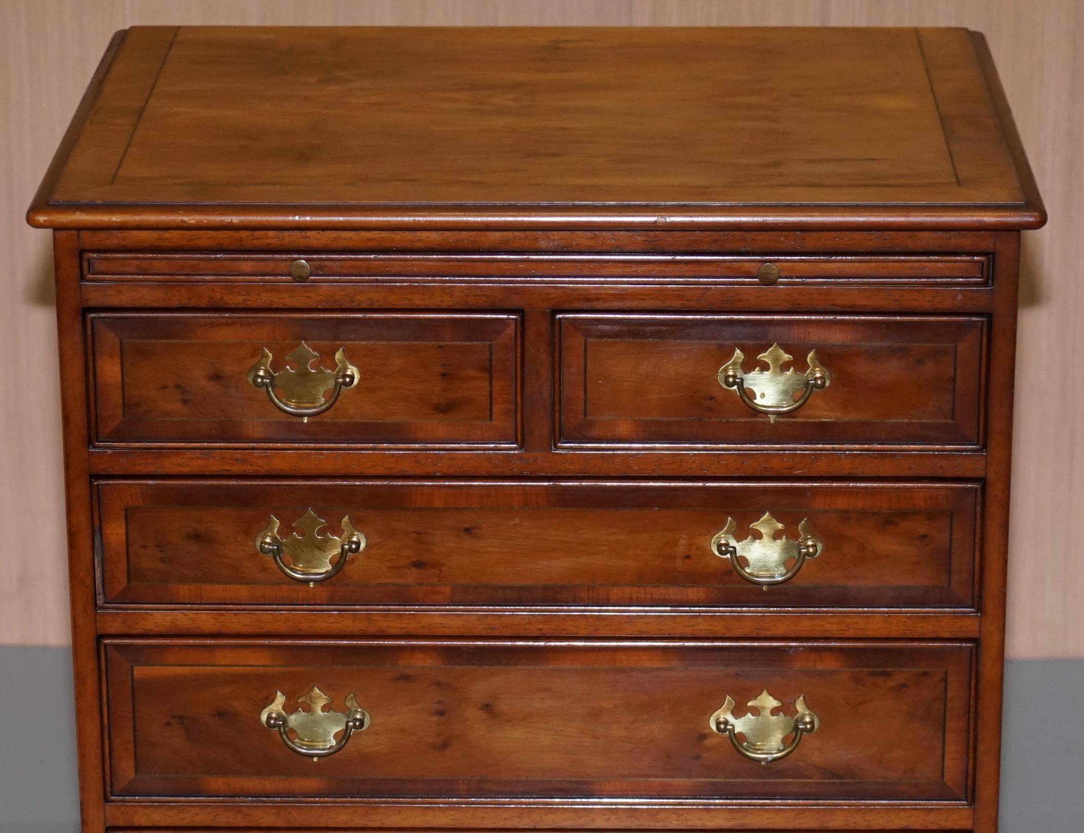 English Burr Yew Wood Chest of Drawers Butlers Leather Serving Tray Large Side Table For Sale